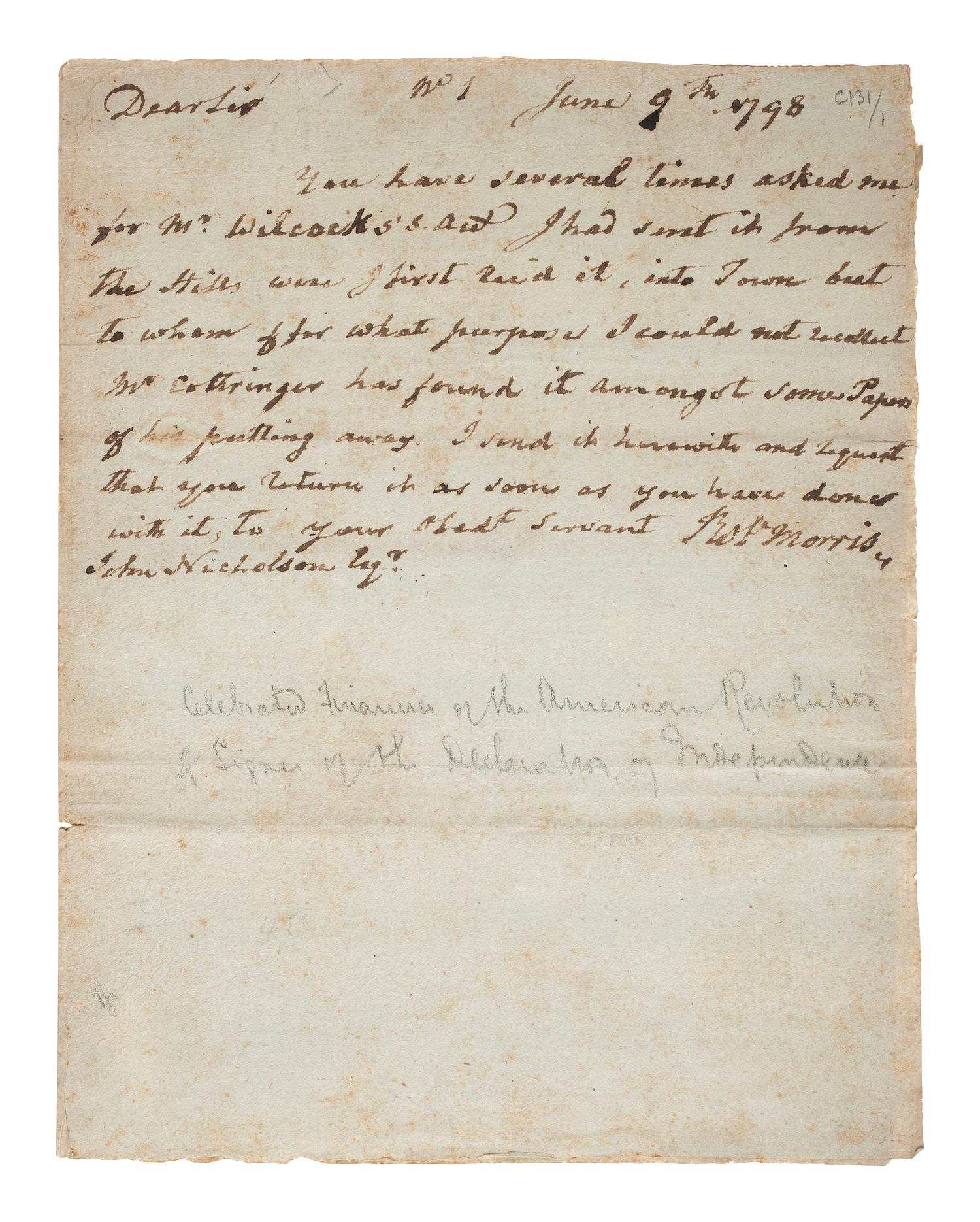 [SIGNER]. MORRIS, Robert (1734-1806). Autograph letter signed ("Robt. Morris"), from Prune Street debtors' prison. [Philadelphia], 9 June 1798.