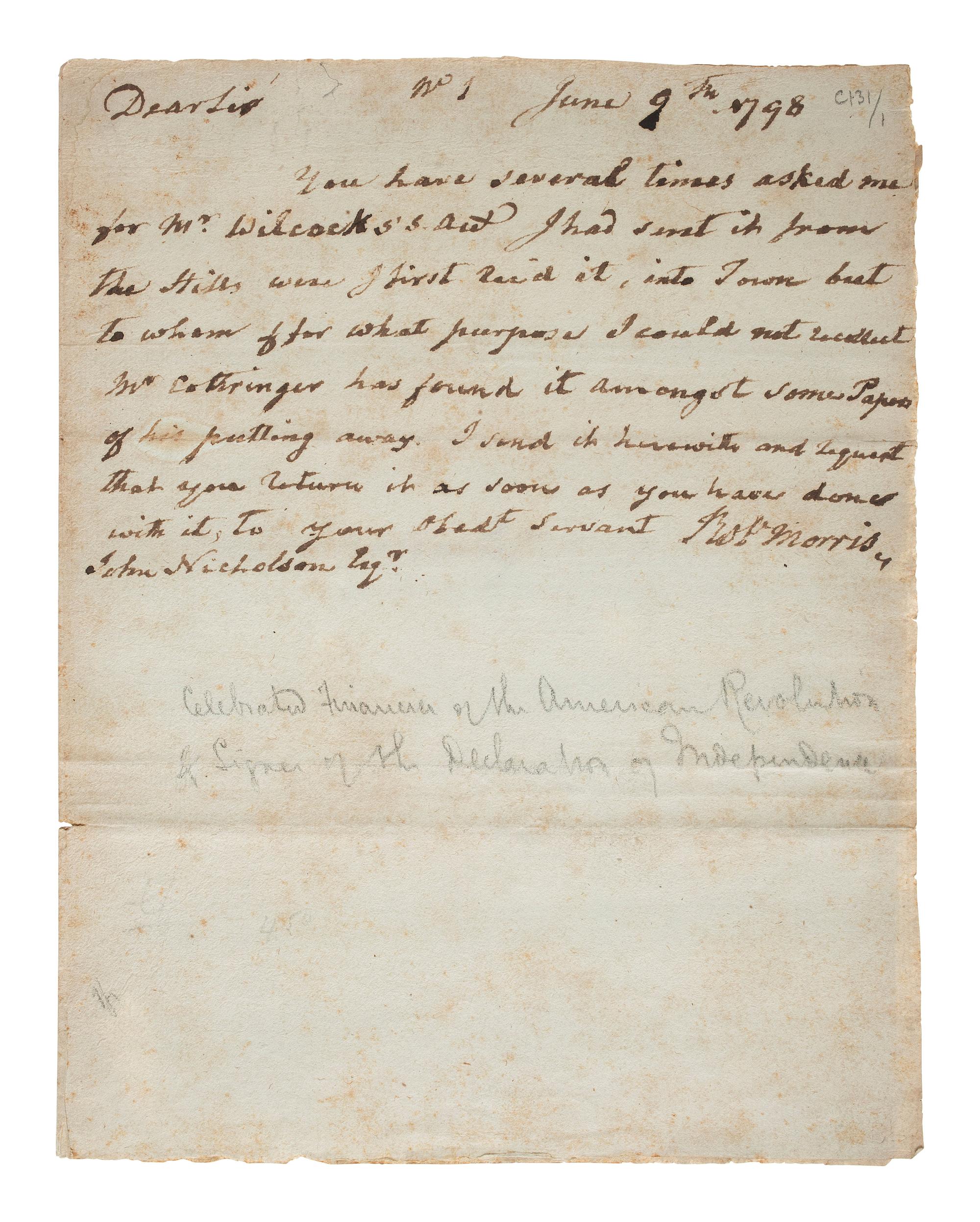[SIGNER]. MORRIS, Robert (1734-1806). Autograph letter signed ("Robt. Morris"), from Prune Street debtors' prison. [Philadelphia], 9 June 1798.