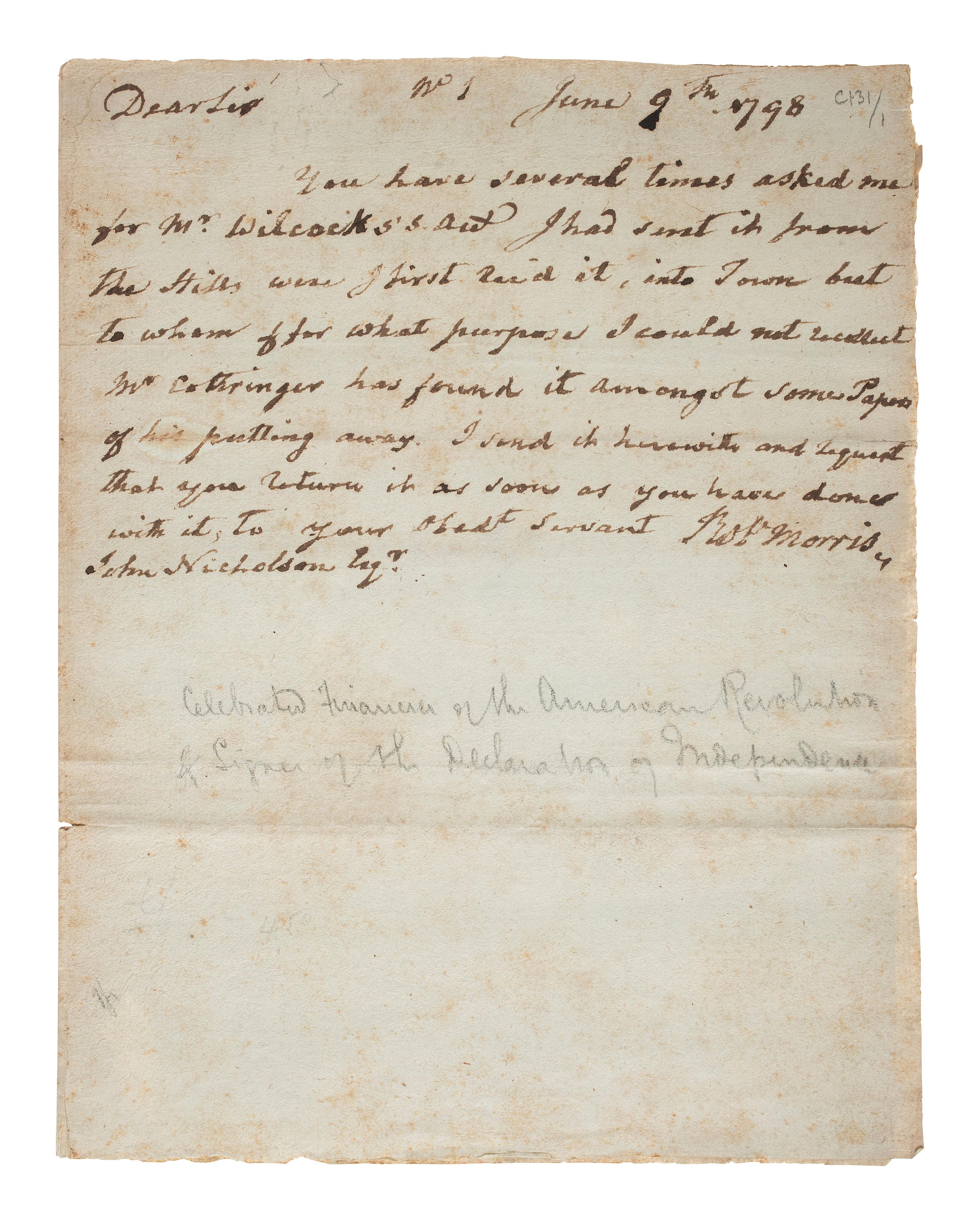 [SIGNER]. MORRIS, Robert (1734-1806). Autograph letter signed ("Robt. Morris"), from Prune Street debtors' prison. [Philadelphia], 9 June 1798.