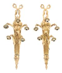 A Pair of Louis XVI Style Gilt Bronze Five-Light Sconces, Height 37 inches.