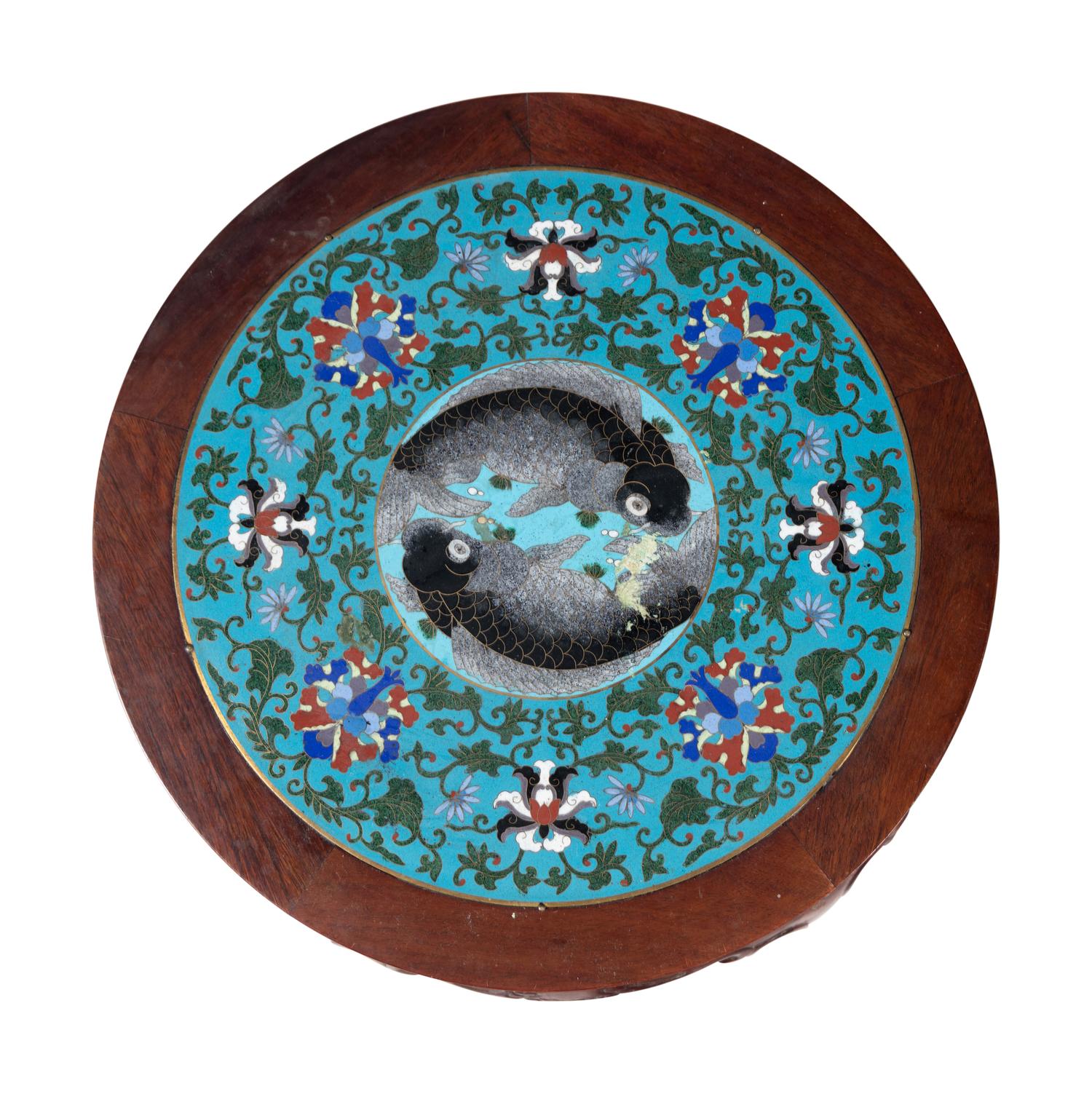 A Matched Pair of Chinese Cloisonné Enamel Inset Hardwood Circular Stands