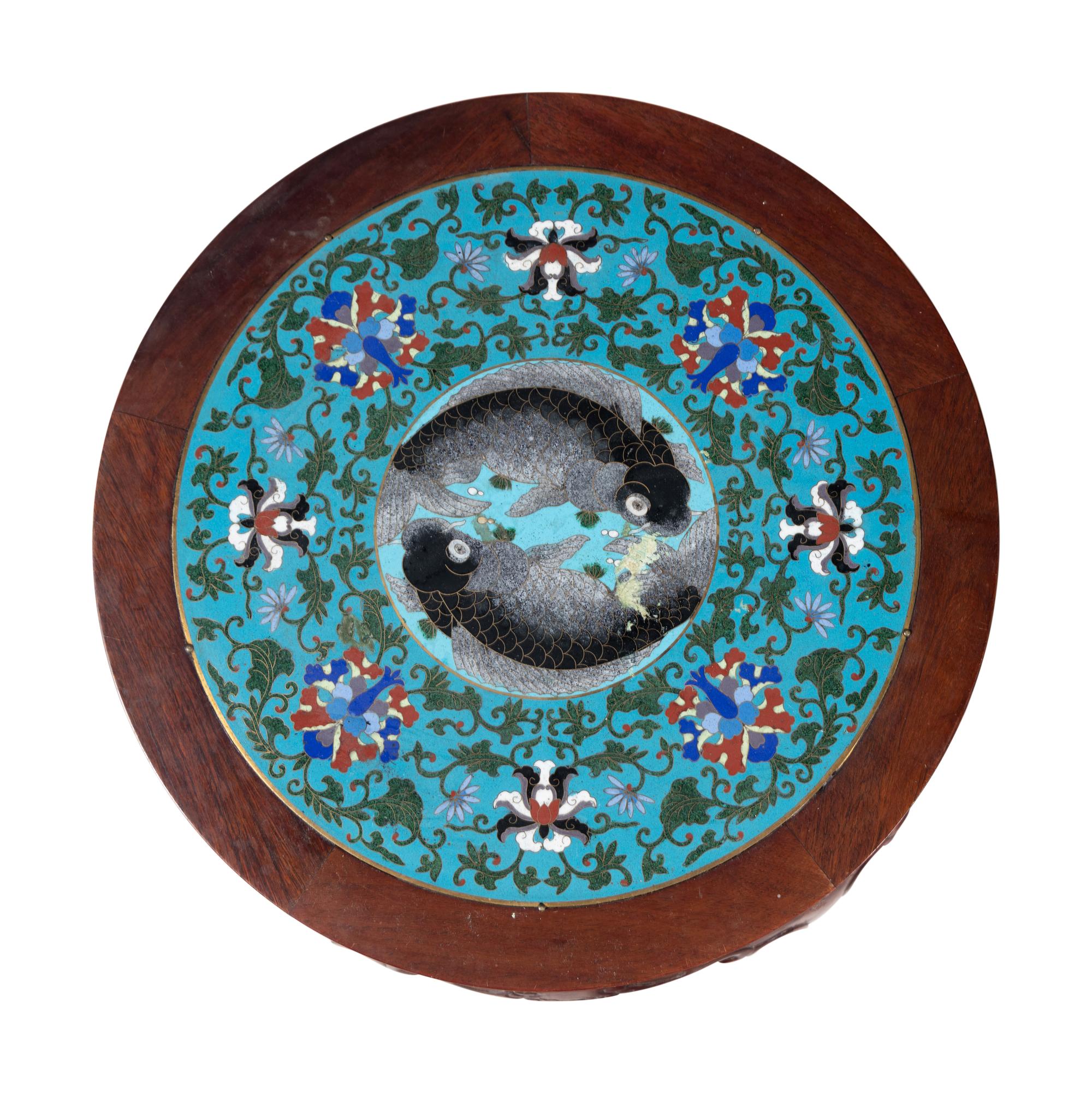 A Matched Pair of Chinese Cloisonné Enamel Inset Hardwood Circular Stands