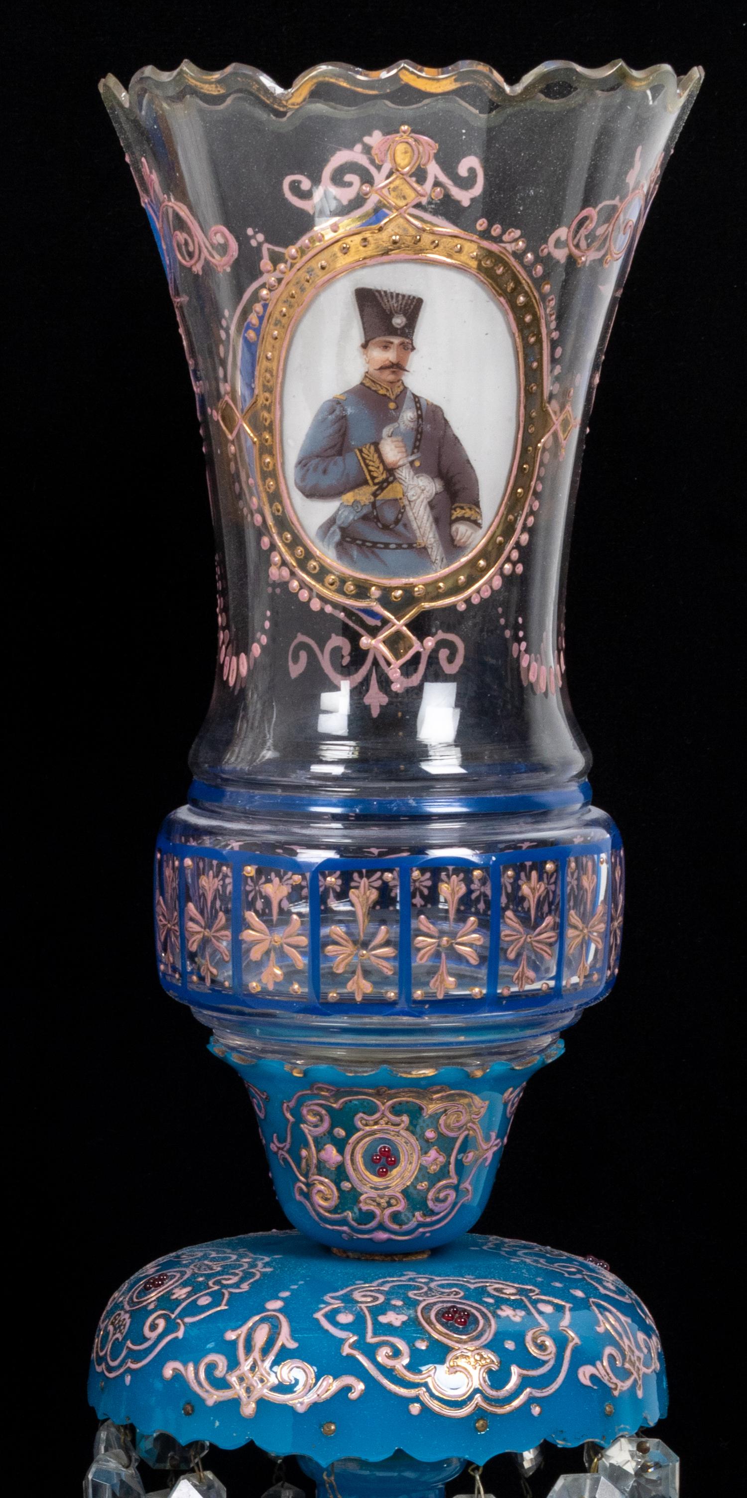 A Pair of Bohemian Enameled Opaline Glass Lusters for the Persian Market