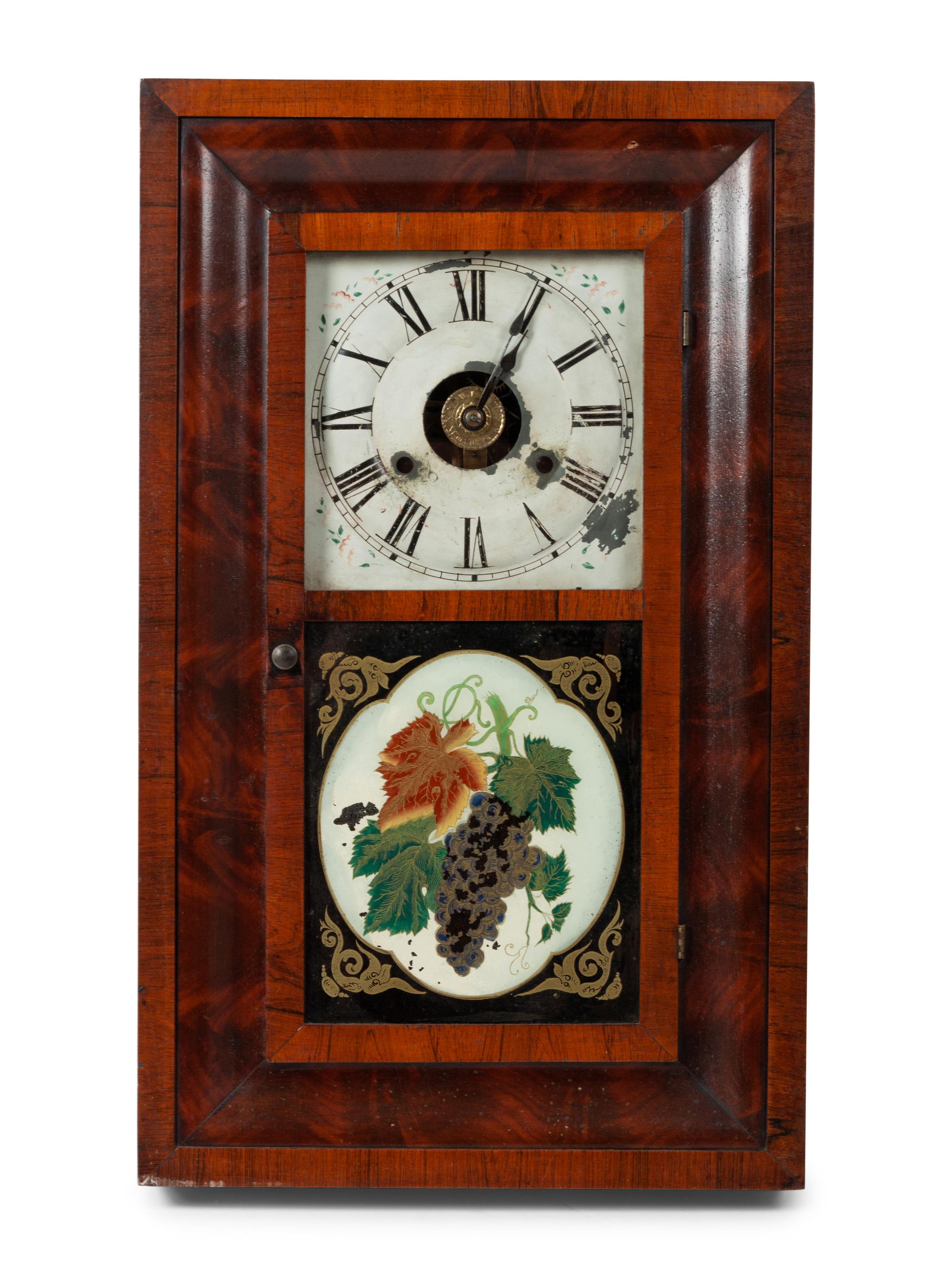 A Classical Mahogany Veneered Eglomise and Reverse-Painted Glass Inset Shelf Clock