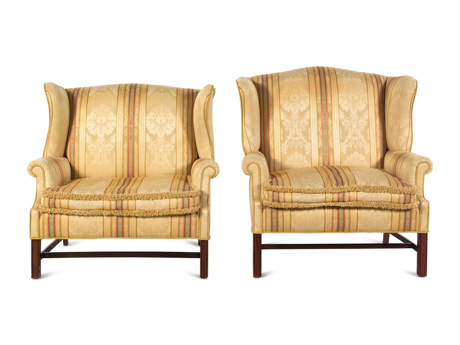 Two George III Style Mahogany Library Chairs with Scalamandré Upholstery