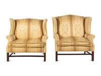 Two George III Style Mahogany Library Chairs with Scalamandré Upholstery