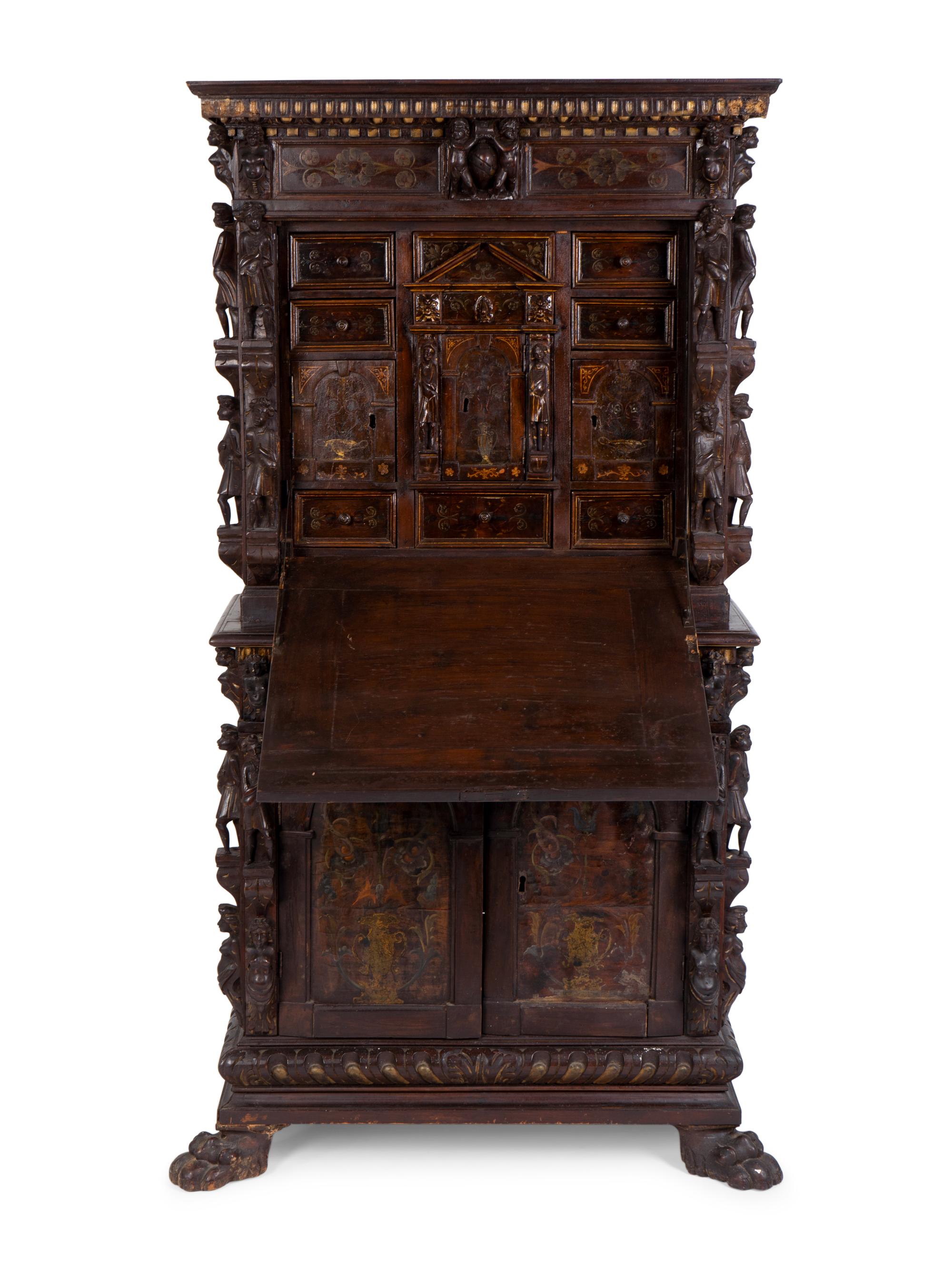 A Spanish Colonial Style Carved Oak and Painted Vargueno Cabinet on Base — 19TH CENTURY