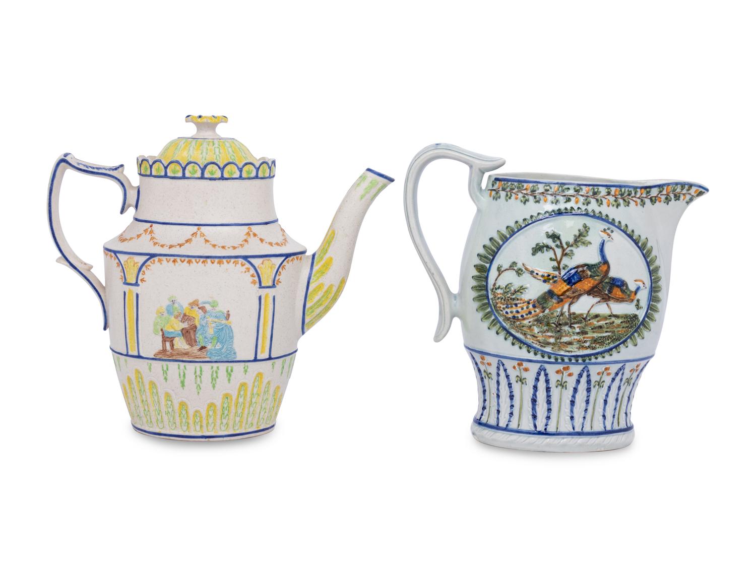An English Prattware Pitcher and a Stoneware Coffee Pot