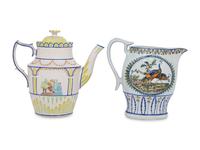 An English Prattware Pitcher and a Stoneware Coffee Pot