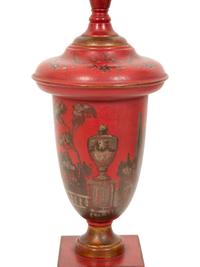 A Regency Style Red Tole Table Lamp with Silver/Gilt Decoration