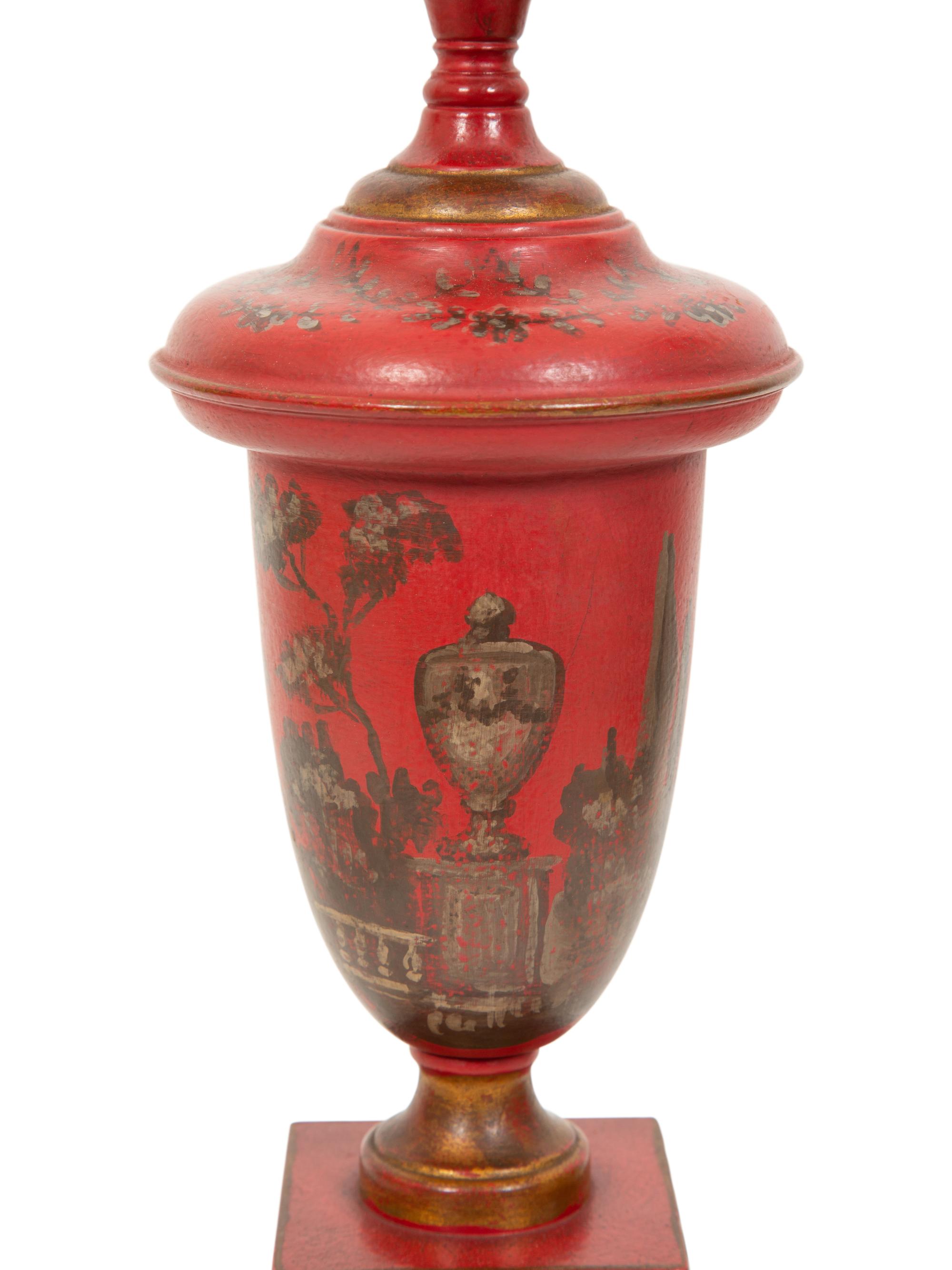 A Regency Style Red Tole Table Lamp with Silver/Gilt Decoration