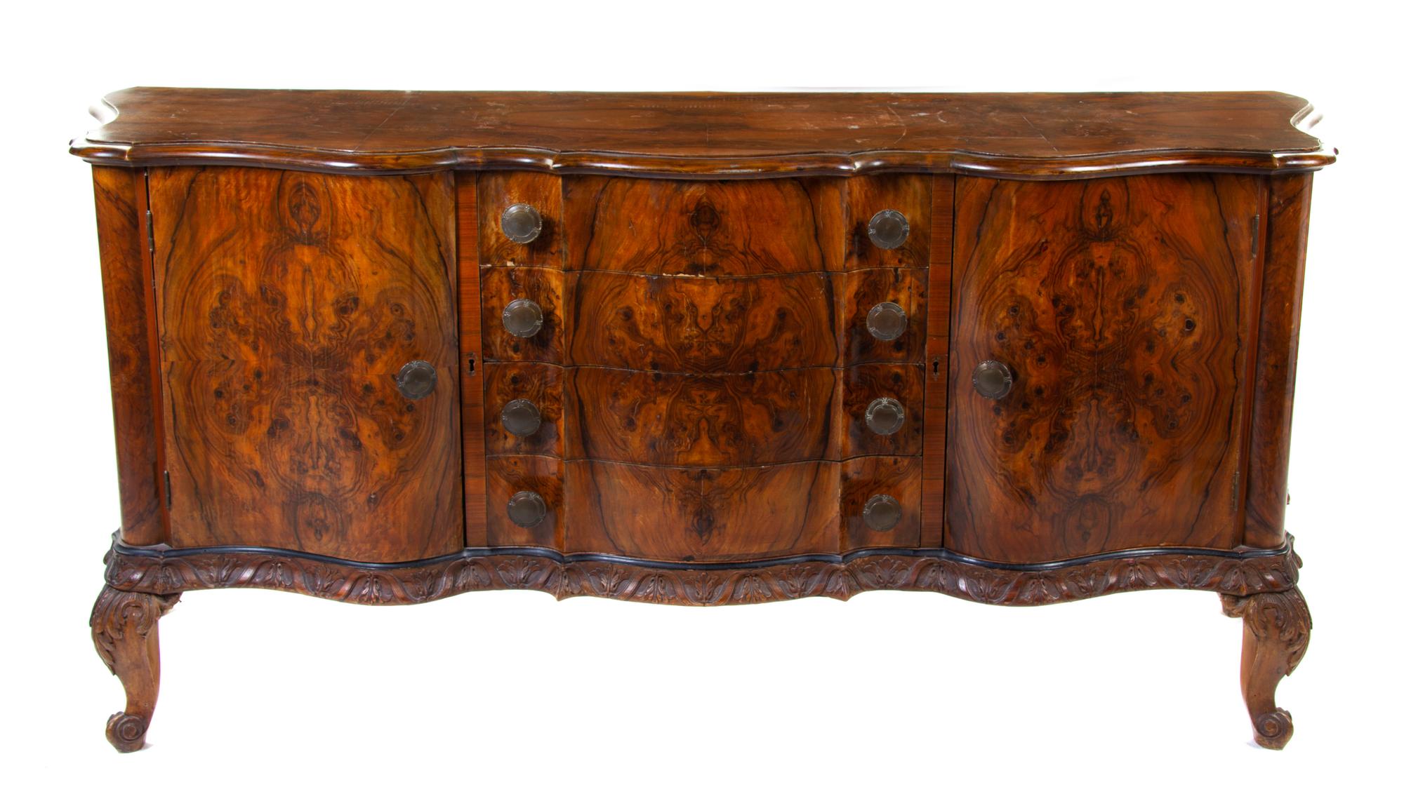 An Italian Burlwood Console Cabinet Height 37 3/4 x width 81 x depth 23 inches. — EARLY 20TH CENTURY