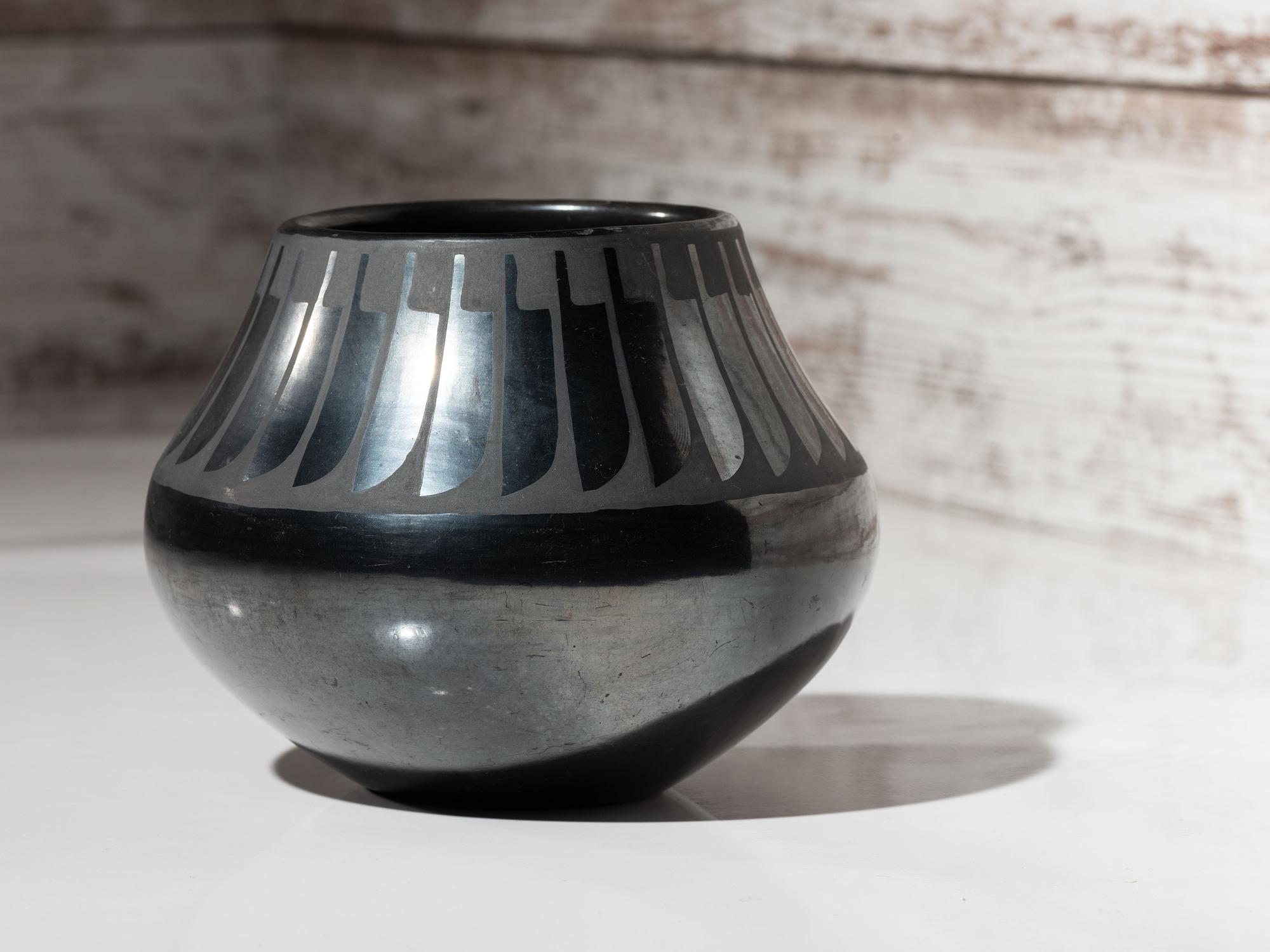 Blackware Pottery Jar, with Repeating Feathers 1943-1956