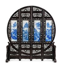 A Chinese Blue and White Porcelain-Mounted Carved Hardwood Four Panel Floor Screen