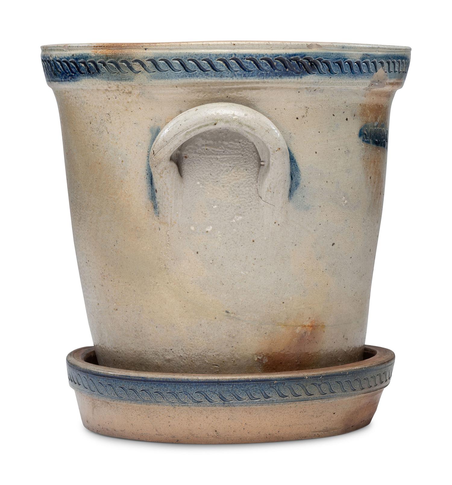 A Rare Zoar Cobalt Decorated and Incised Stoneware Flowerpot