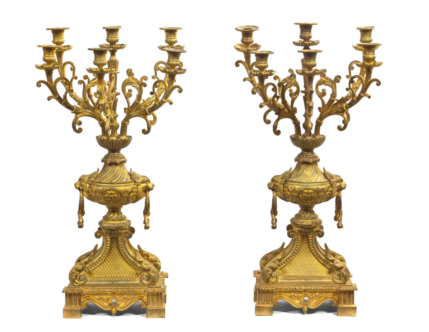 A Pair of Louis XVI Style Gilt Bronze Five-Light Candelabra, Height 26 1/2 inches.