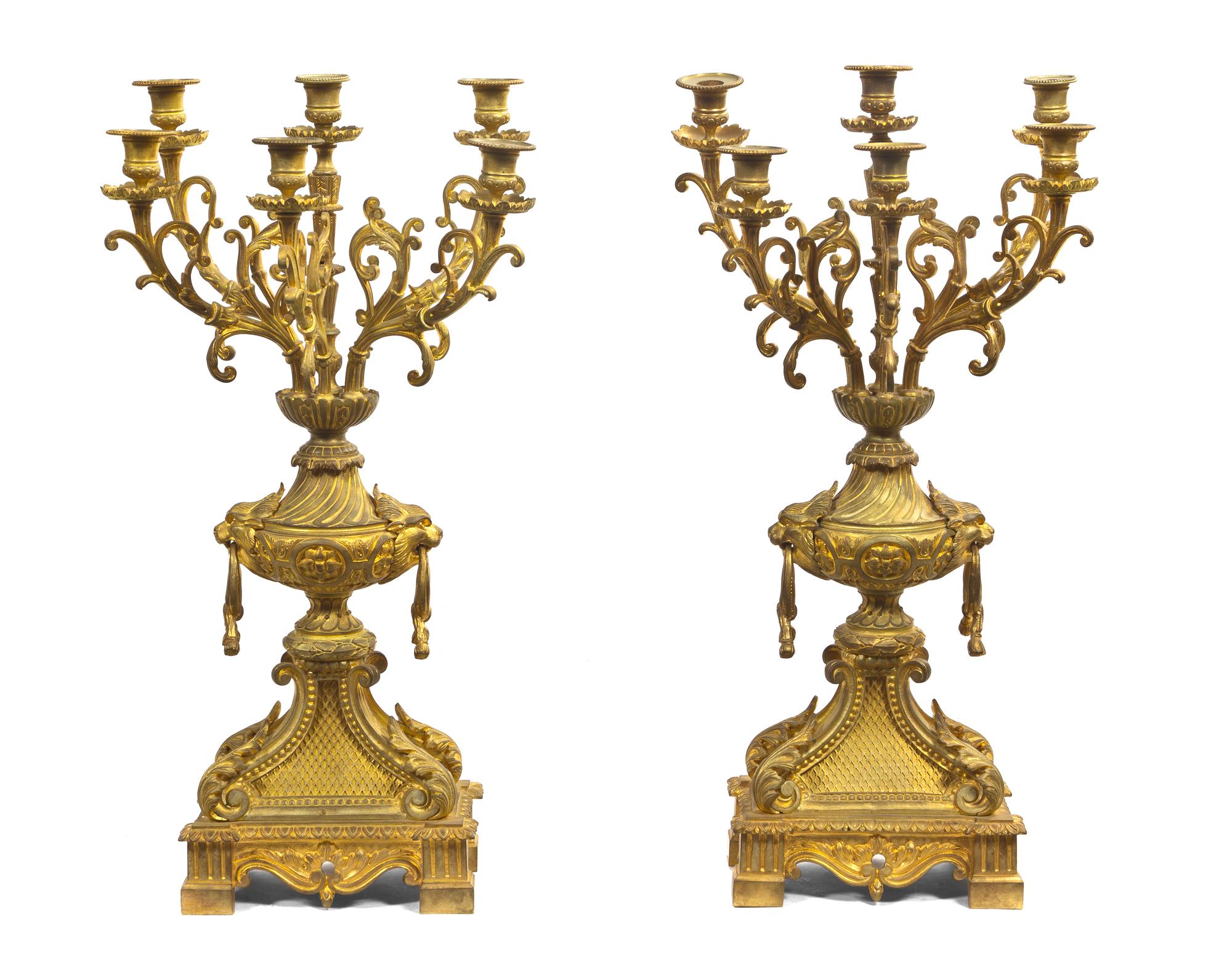 A Pair of Louis XVI Style Gilt Bronze Five-Light Candelabra, Height 26 1/2 inches.