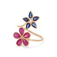 SYNTHETIC RUBY, SAPPHIRE AND DIAMOND FLOWER RING