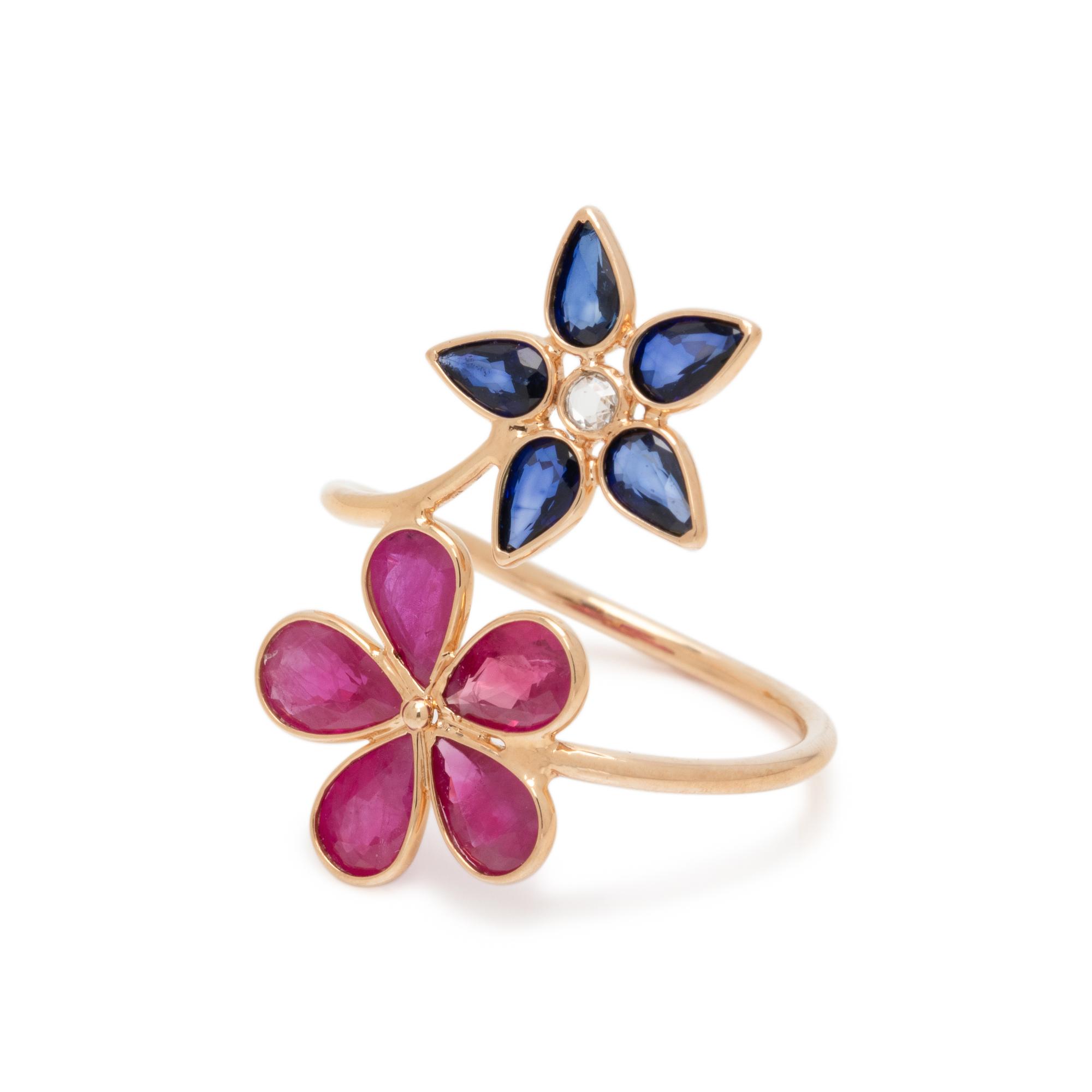 SYNTHETIC RUBY, SAPPHIRE AND DIAMOND FLOWER RING