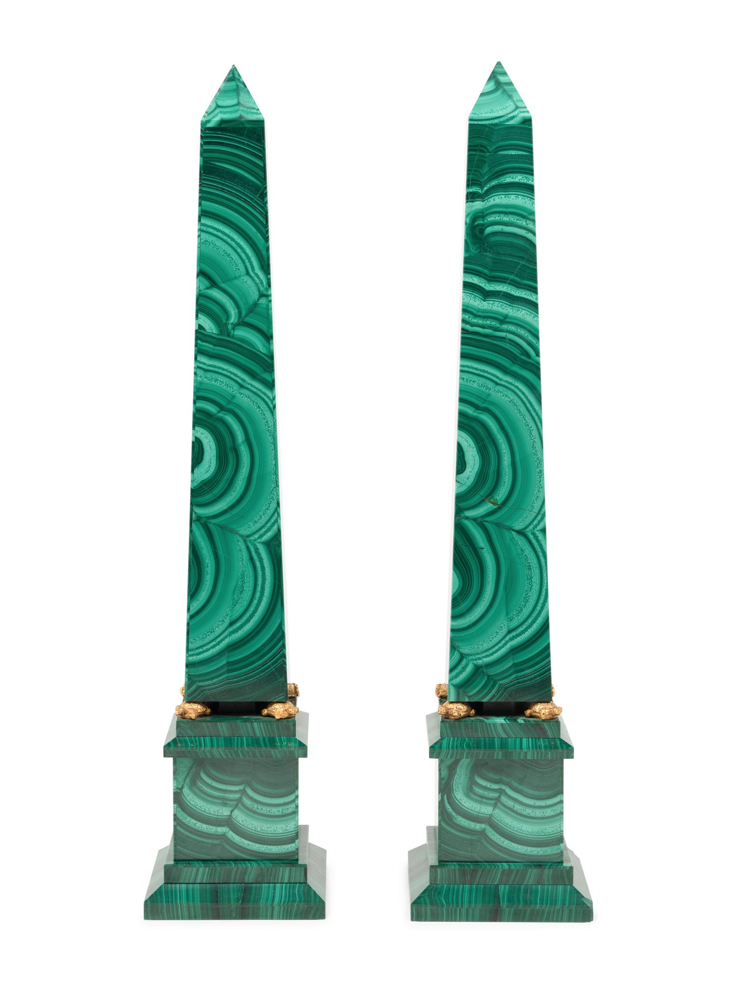 A Pair of Italian Gilt Bronze Mounted and Malachite Veneered Obelisks