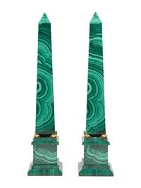 A Pair of Italian Gilt Bronze Mounted and Malachite Veneered Obelisks