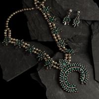 Zuni Silver and Petit Point Turquoise Squash Blossom Necklace and Earrings