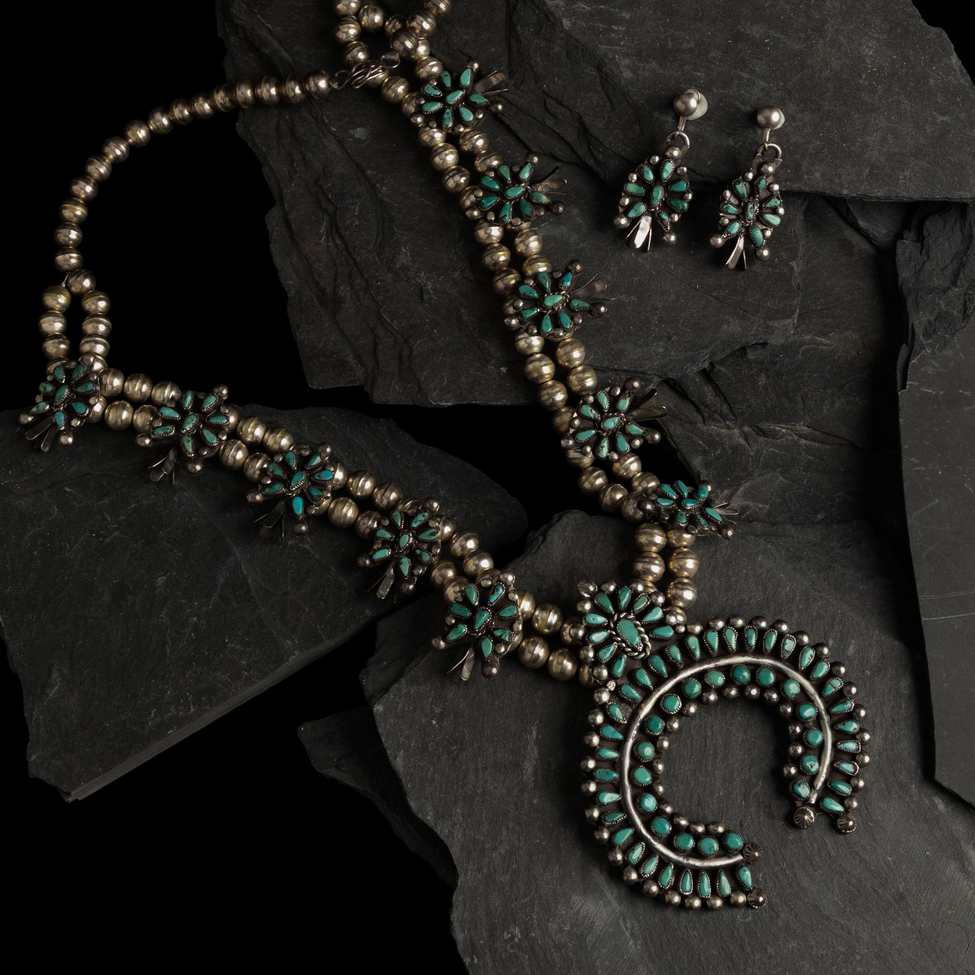 Zuni Silver and Petit Point Turquoise Squash Blossom Necklace and Earrings