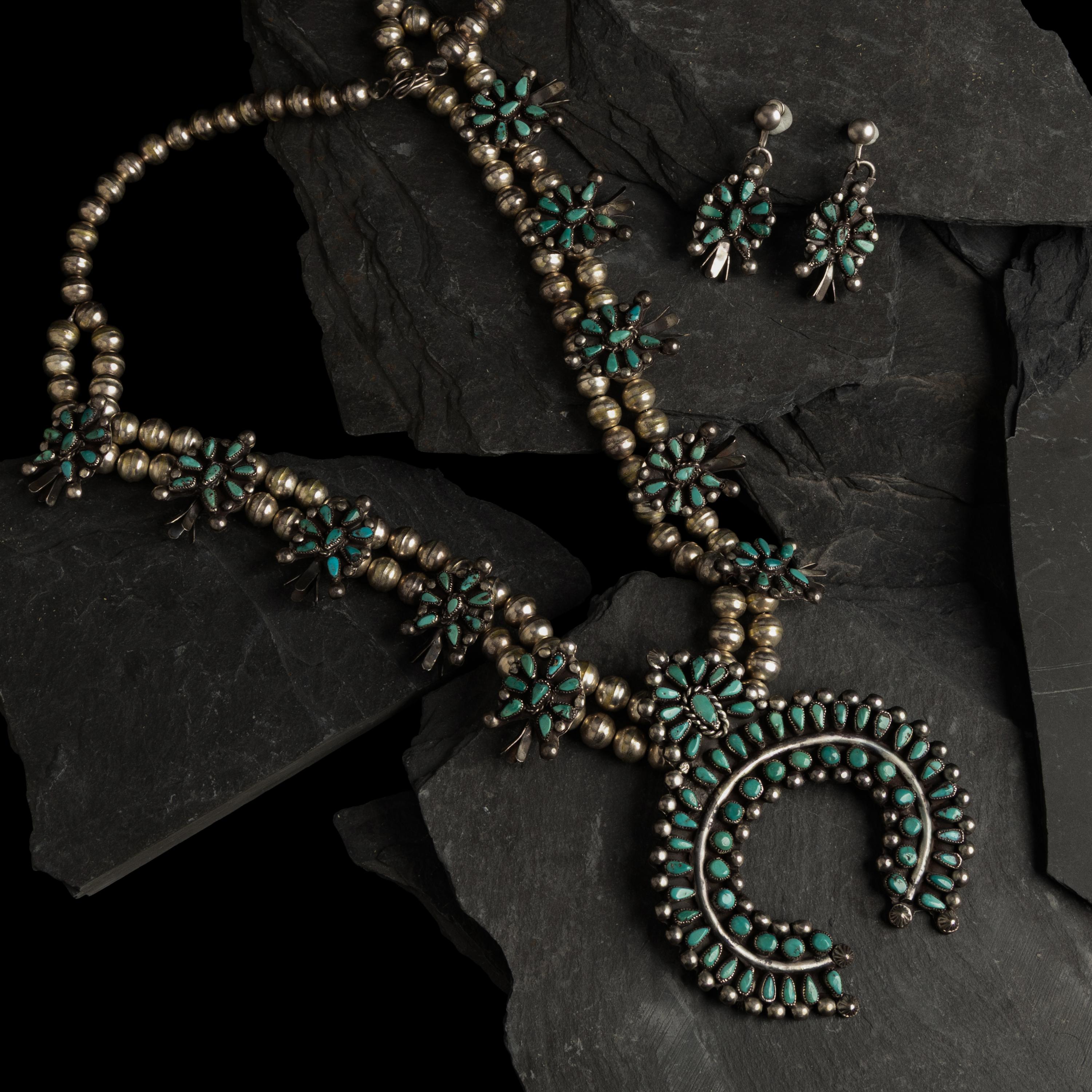 Zuni Silver and Petit Point Turquoise Squash Blossom Necklace and Earrings