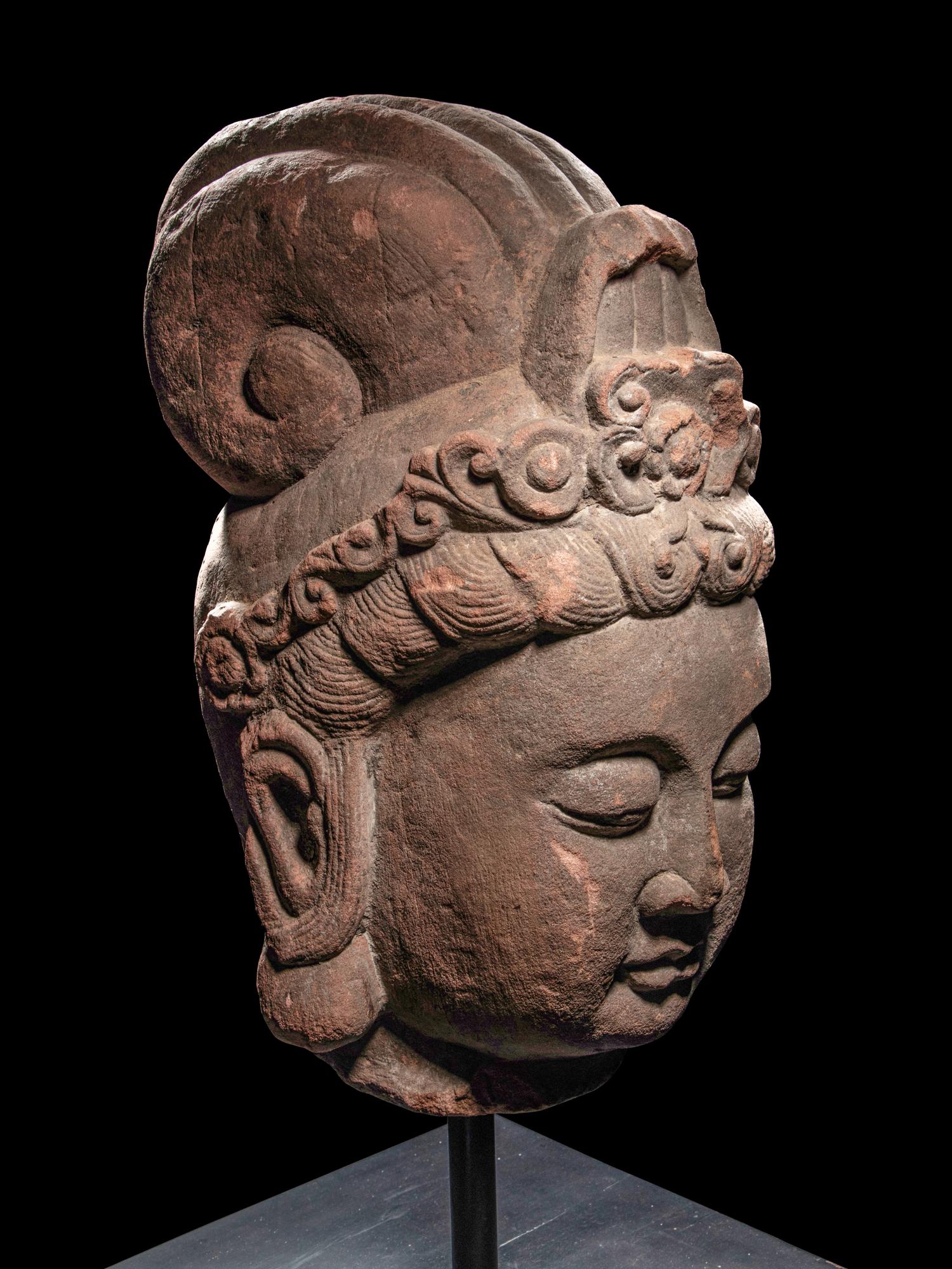 A Chinese Carved Stone Head of Guanyin