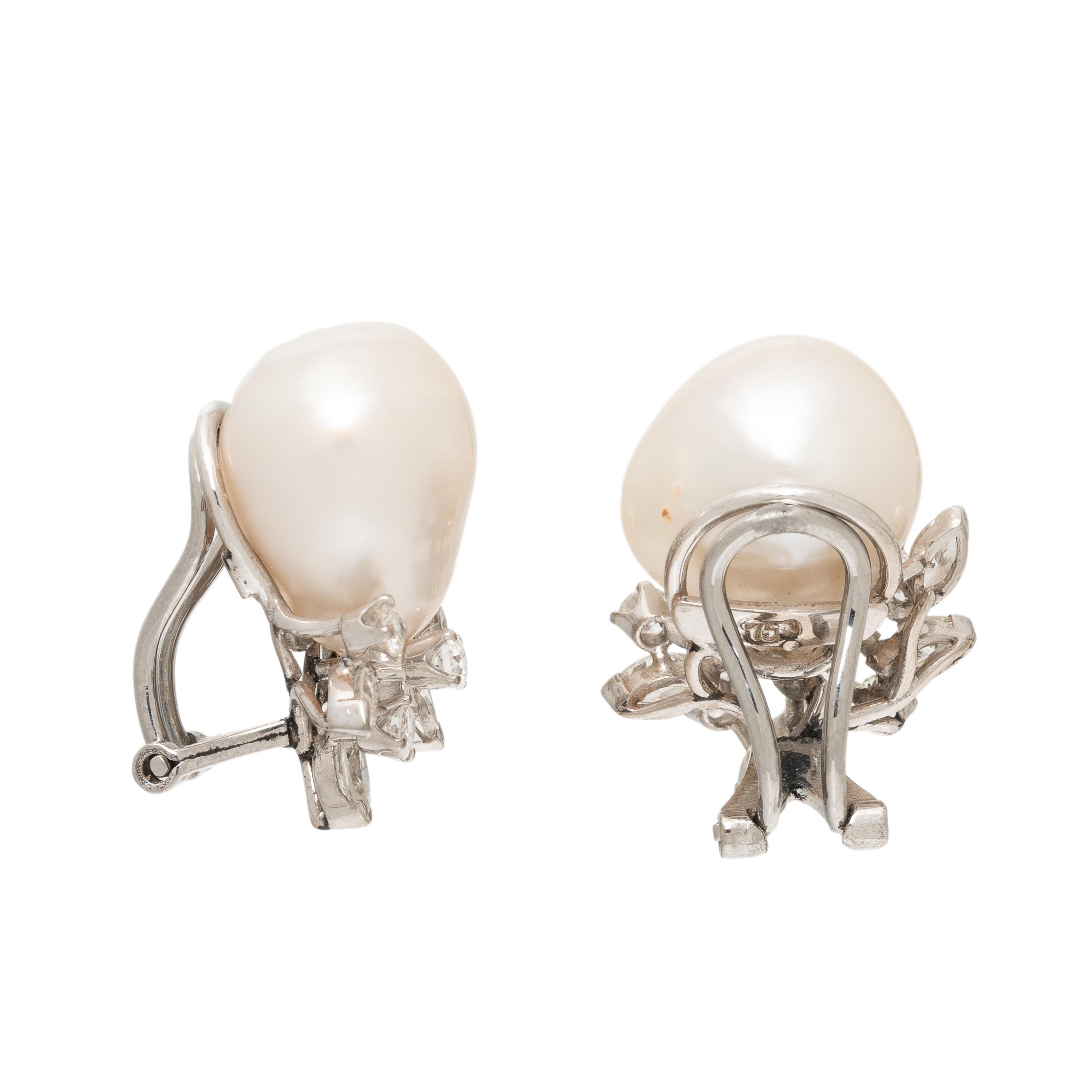 Cultured Pearl, Diamond, and White Gold Earrings