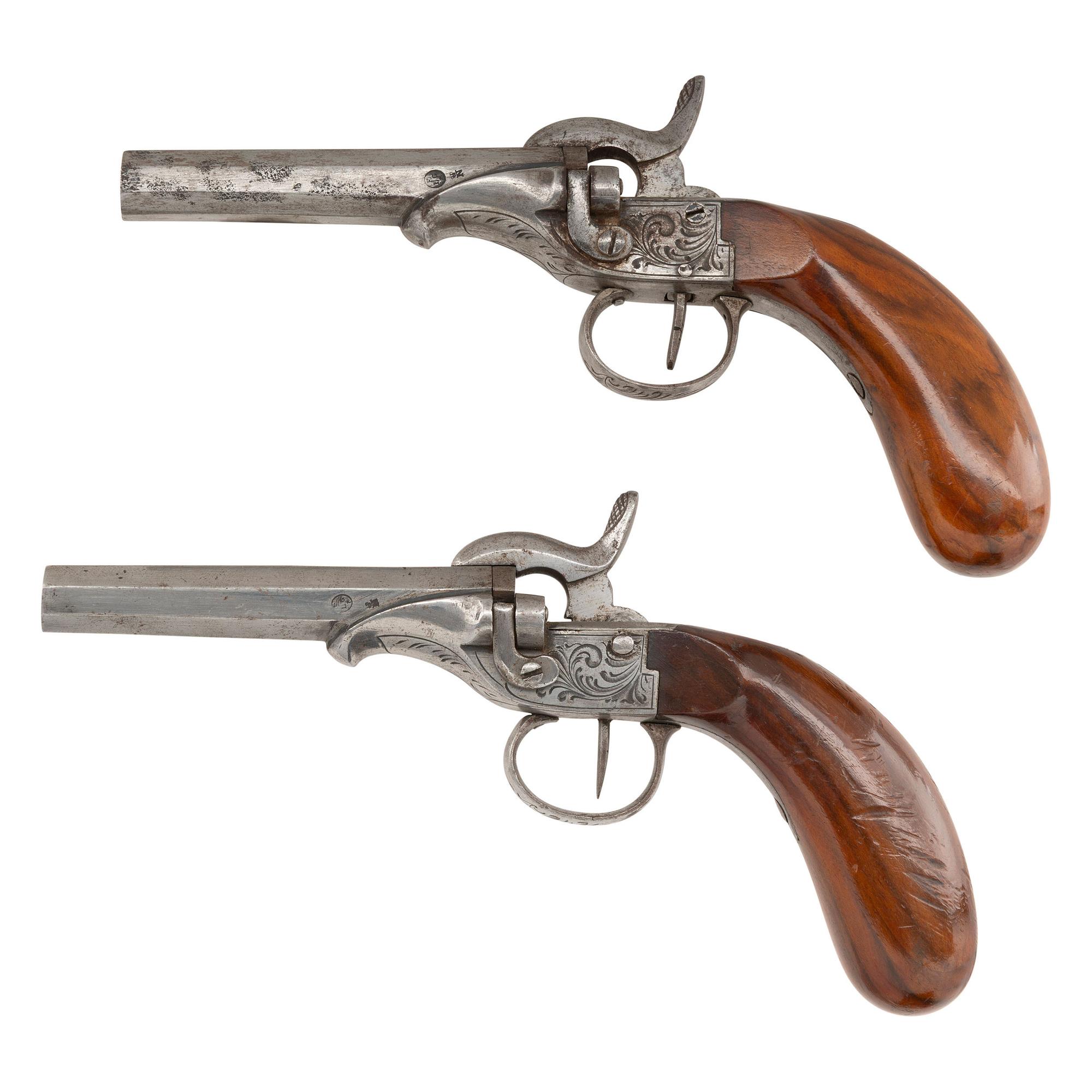 Pair of Single Shot Belgian Pin Fire Pistols by Pirlot Freres