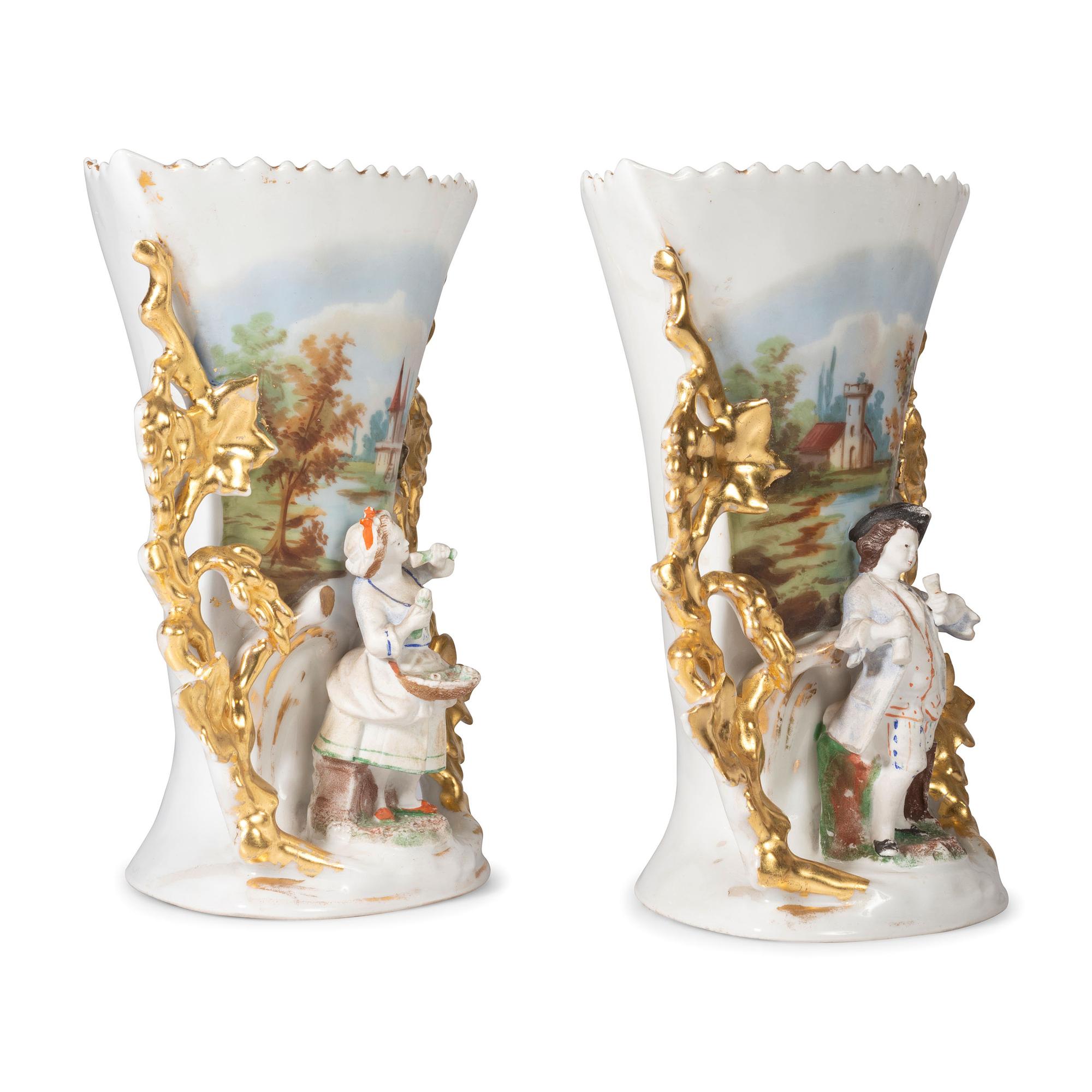 A Pair of Paris Porcelain Landscape Vases with Bisque Figures