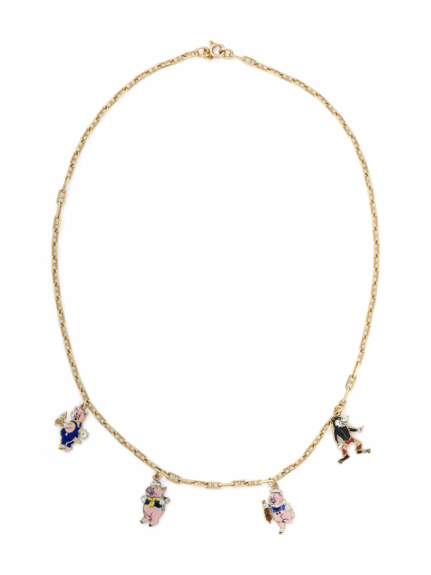 YELLOW GOLD AND ENAMEL 'THREE LITTLE PIGS' CHARM NECKLACE