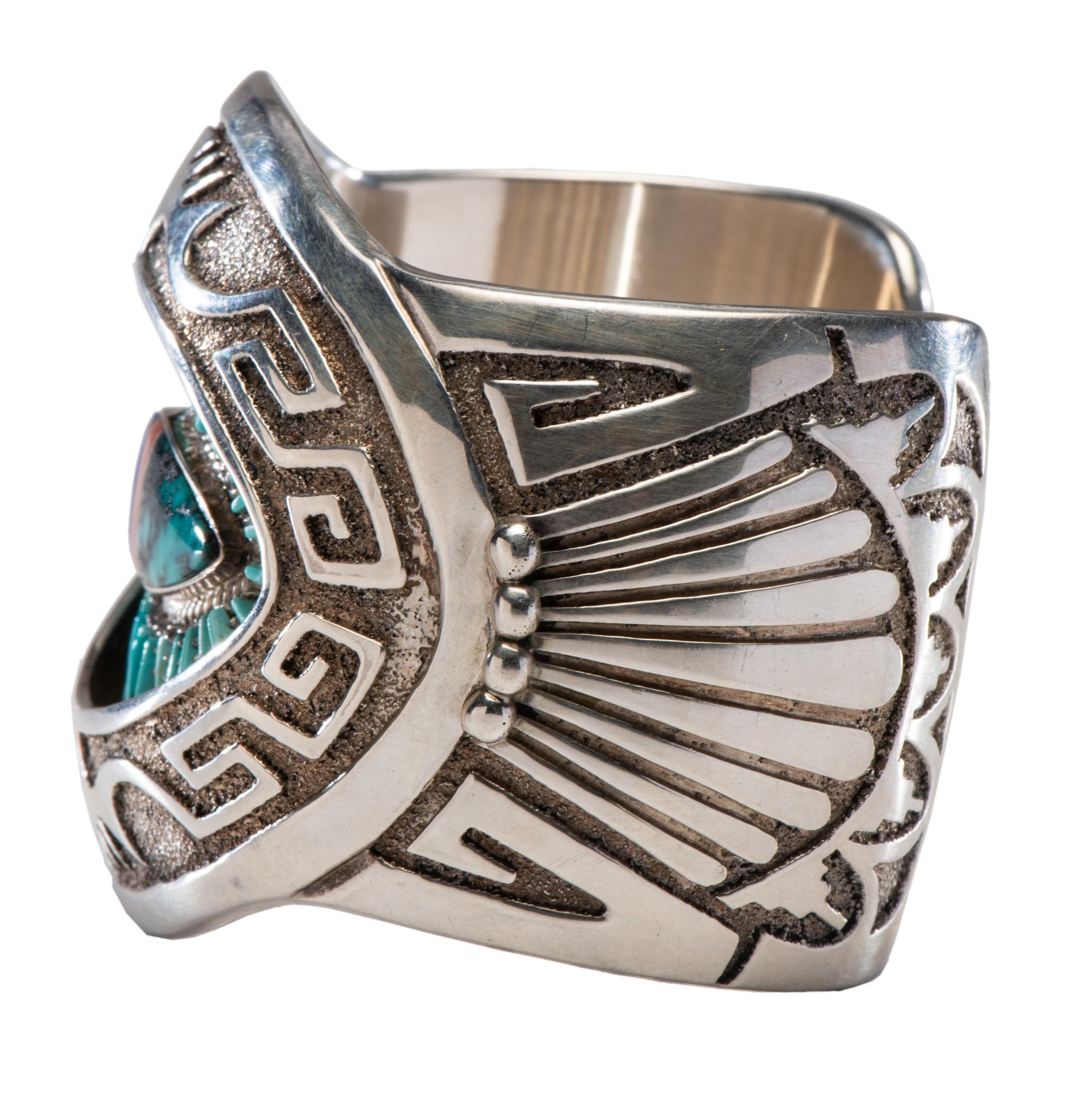 Sterling Silver Overlay Cuff Bracelet and Post Earrings, with Turquoise, Coral, and Lapis Inlay Lot is located and will ship from Denver, Colorado.