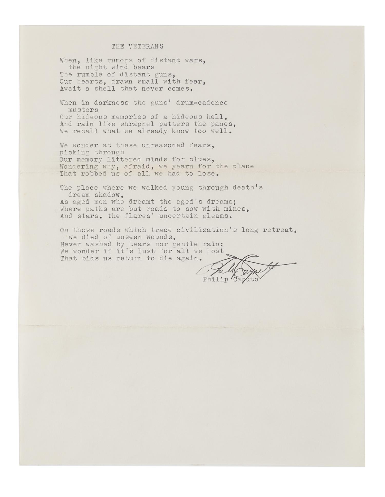 CAPUTO, Philip (b. 1941). A collection of 2 typed poems signed with carbon copies ("Philip Caputo"), 2 autograph letters signed ("Phil"), and one typed letter signed ("Phil"), 2 December 1973 - 19 April 1977, a few typed and handwritten corrections. Together 15 pages, 4to, with two envelopes .