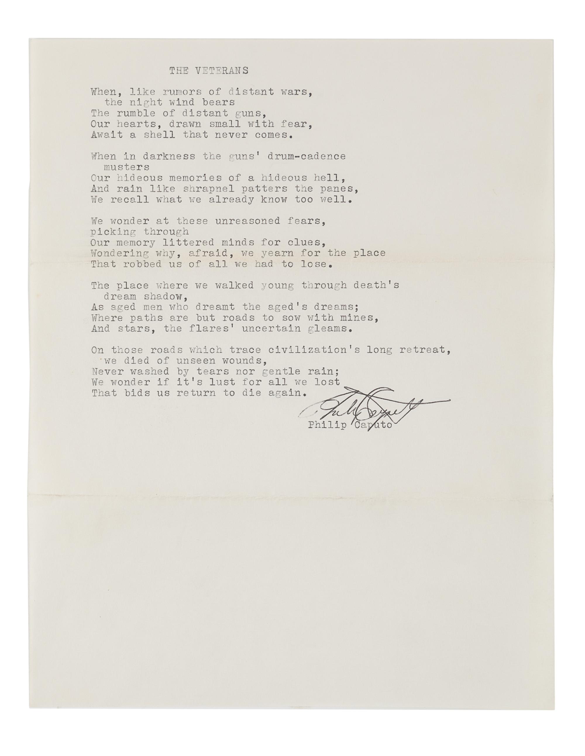 CAPUTO, Philip (b. 1941). A collection of 2 typed poems signed with carbon copies ("Philip Caputo"), 2 autograph letters signed ("Phil"), and one typed letter signed ("Phil"), 2 December 1973 - 19 April 1977, a few typed and handwritten corrections. Together 15 pages, 4to, with two envelopes .
