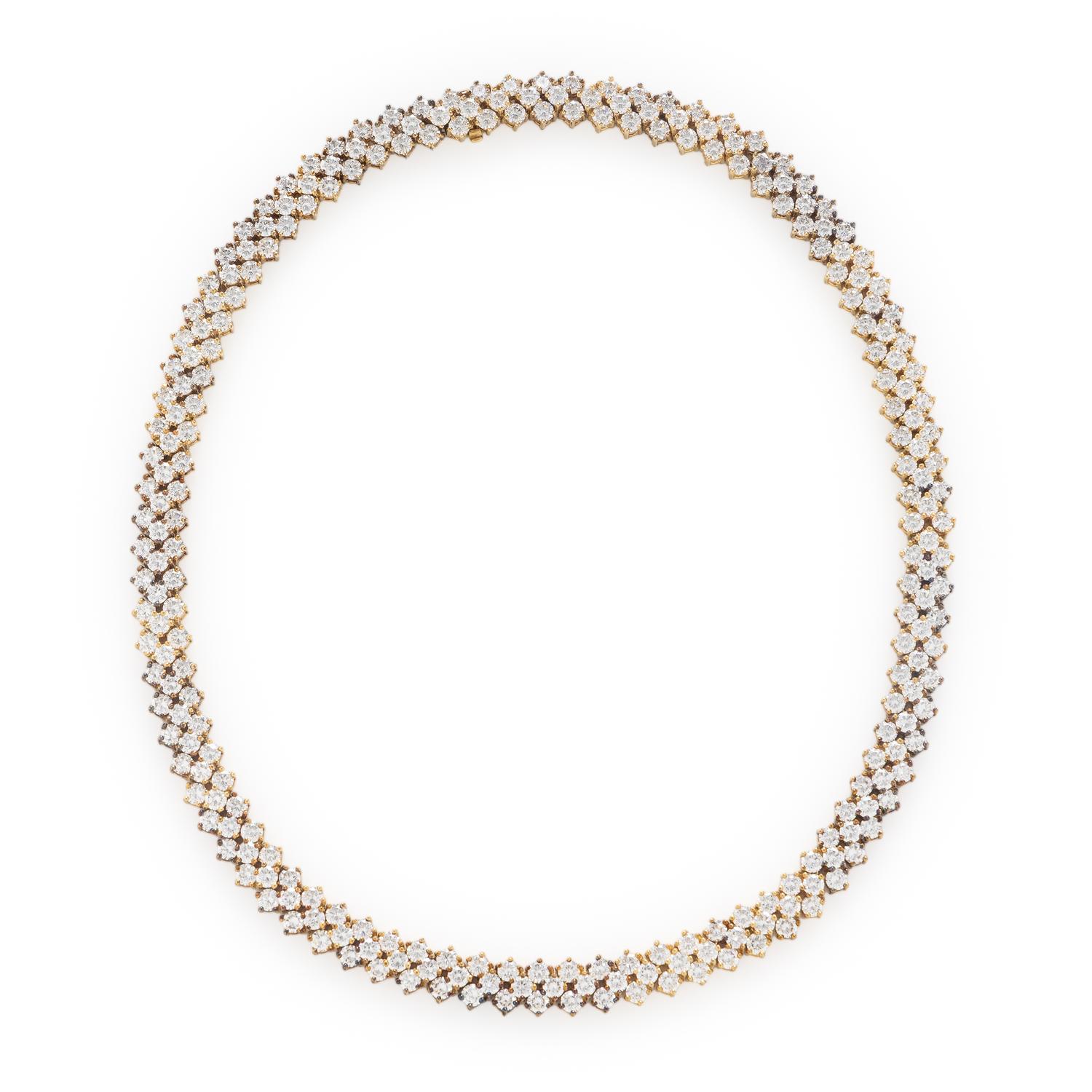 Three Row Diamond and Yellow Gold Necklace
