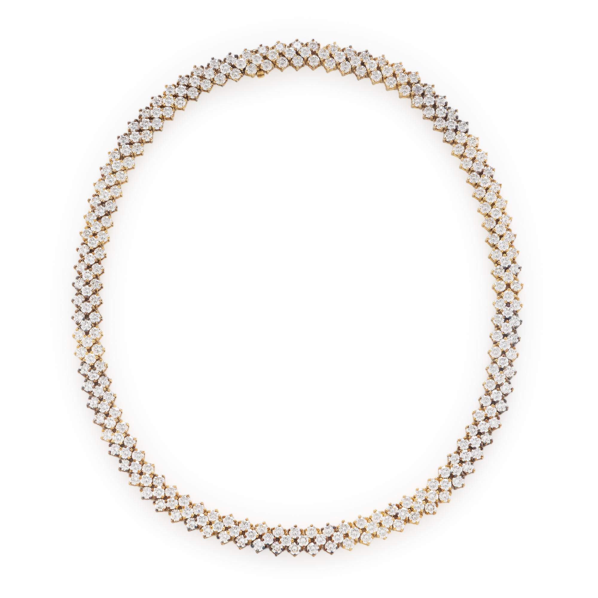 Three Row Diamond and Yellow Gold Necklace