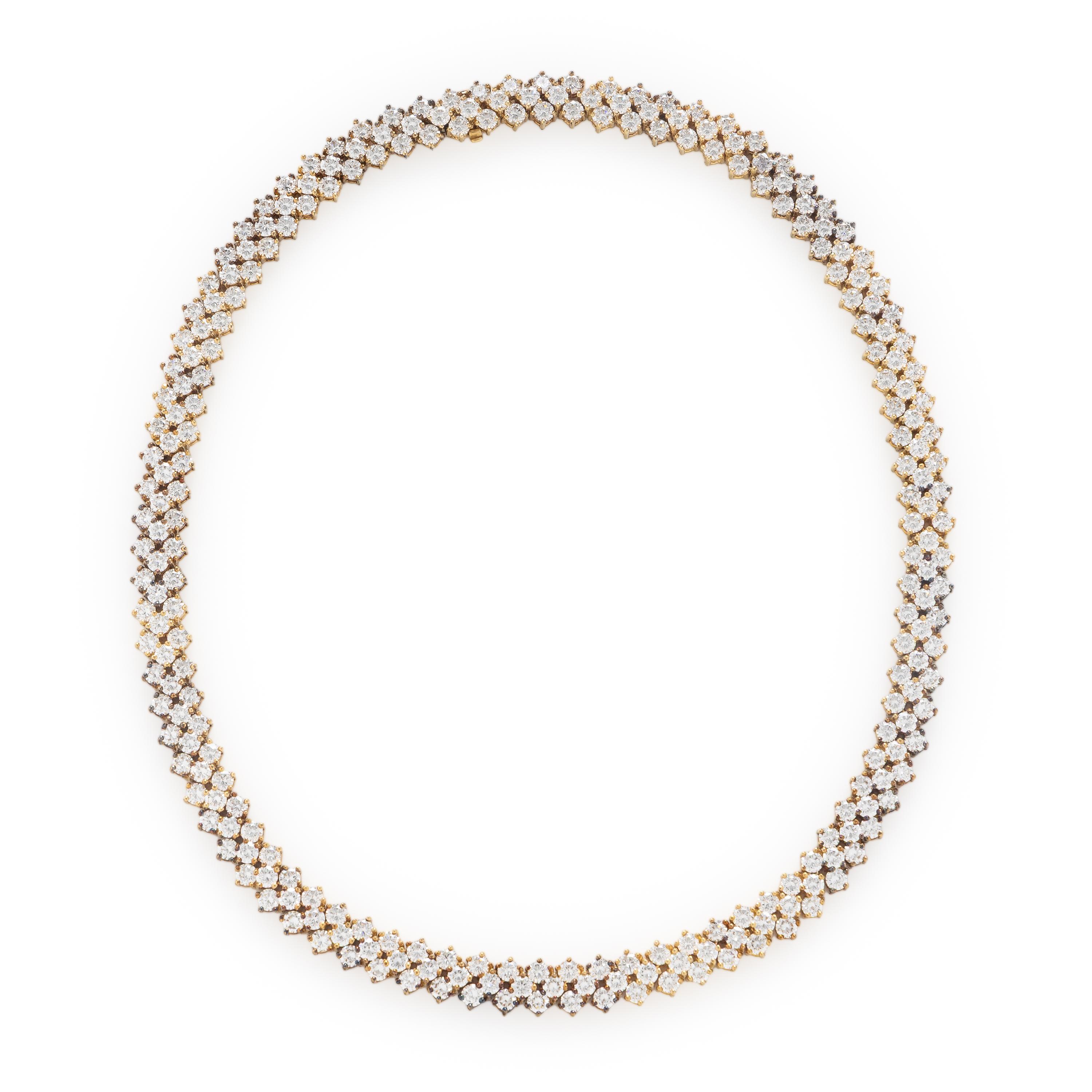 Three Row Diamond and Yellow Gold Necklace