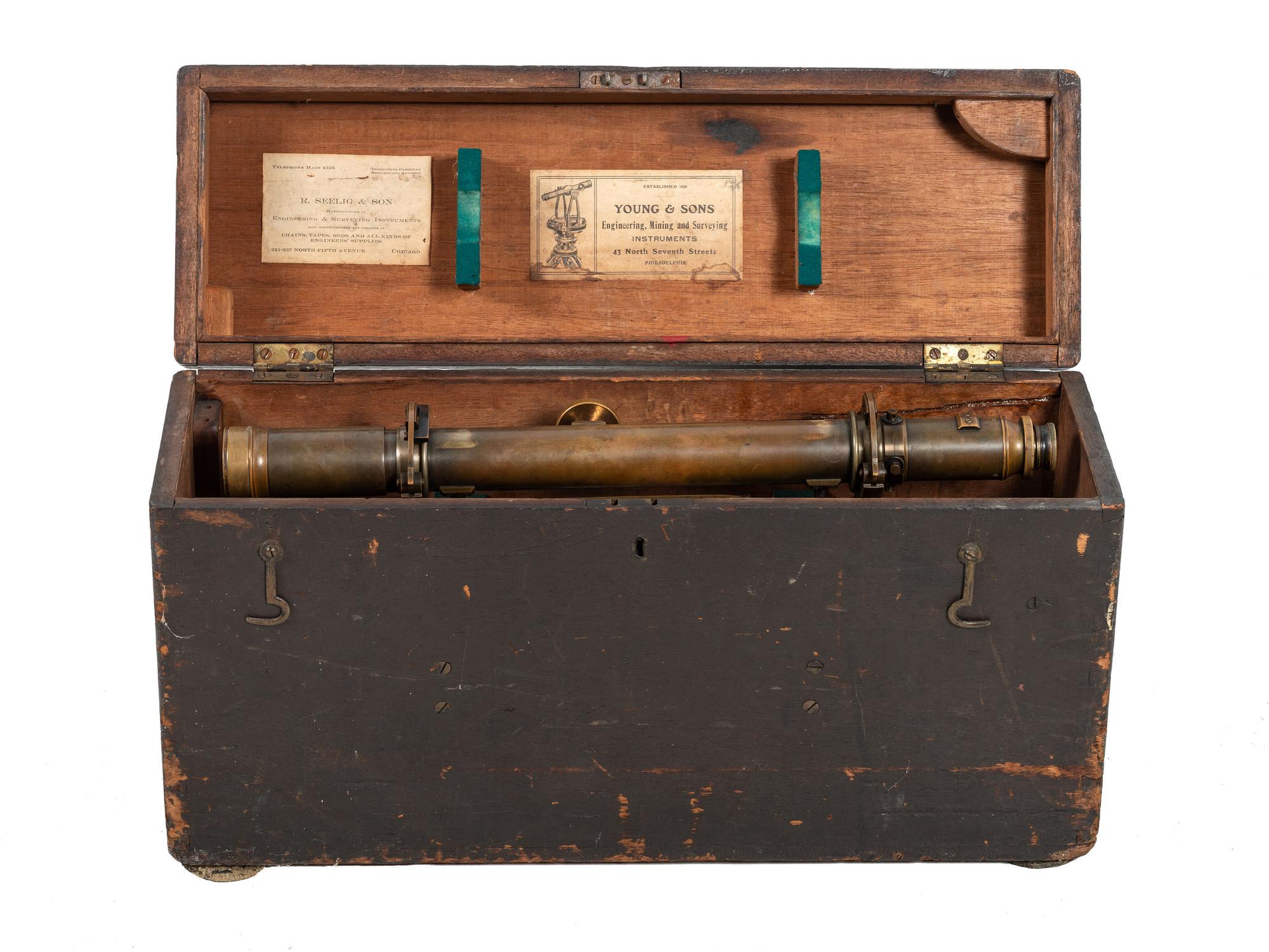 [SCIENCE & TECHNOLOGY]. 19th-century surveyor’s set, incl. optics, tripod, and measuring stick.