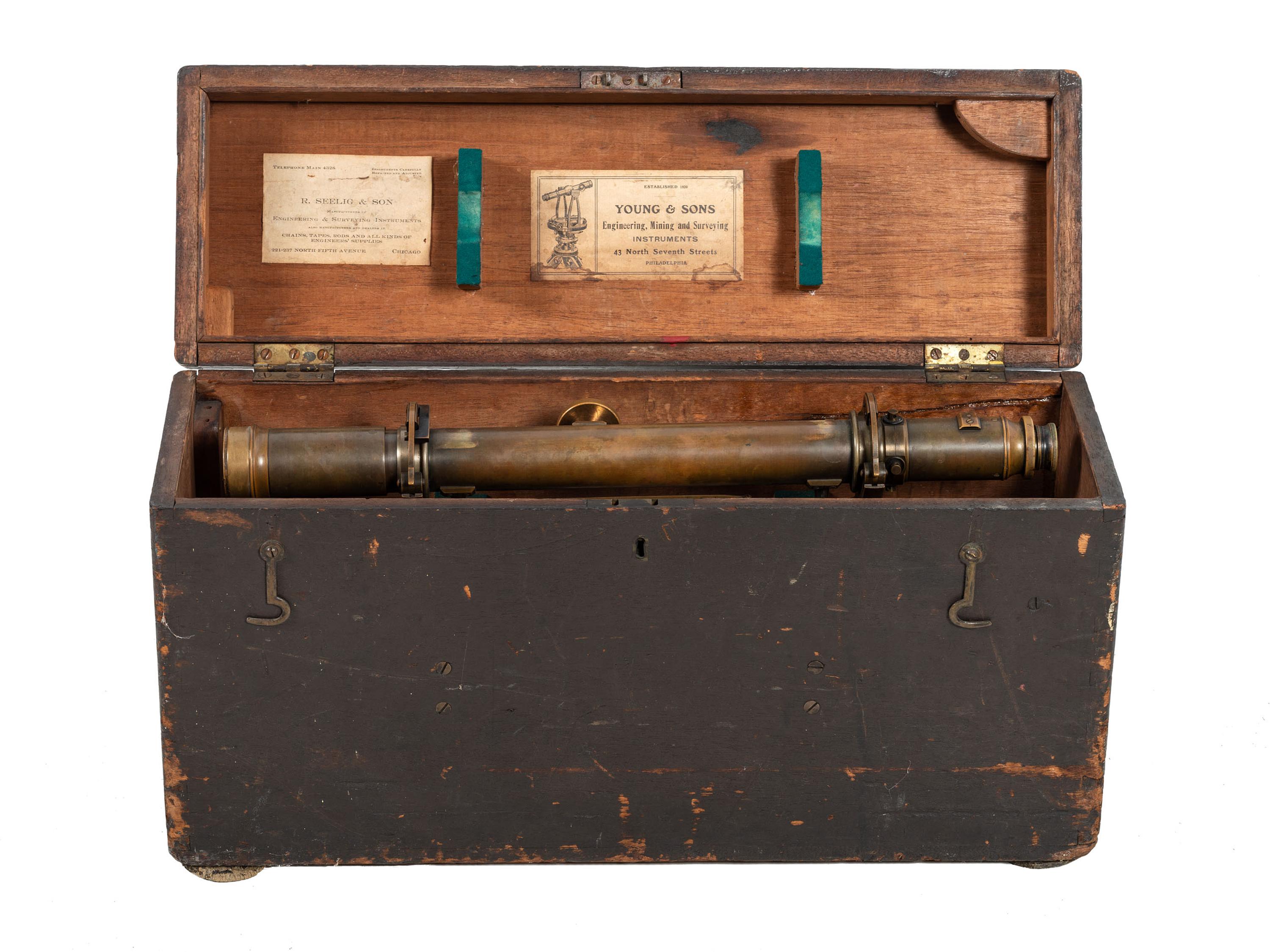 [SCIENCE & TECHNOLOGY]. 19th-century surveyor’s set, incl. optics, tripod, and measuring stick.