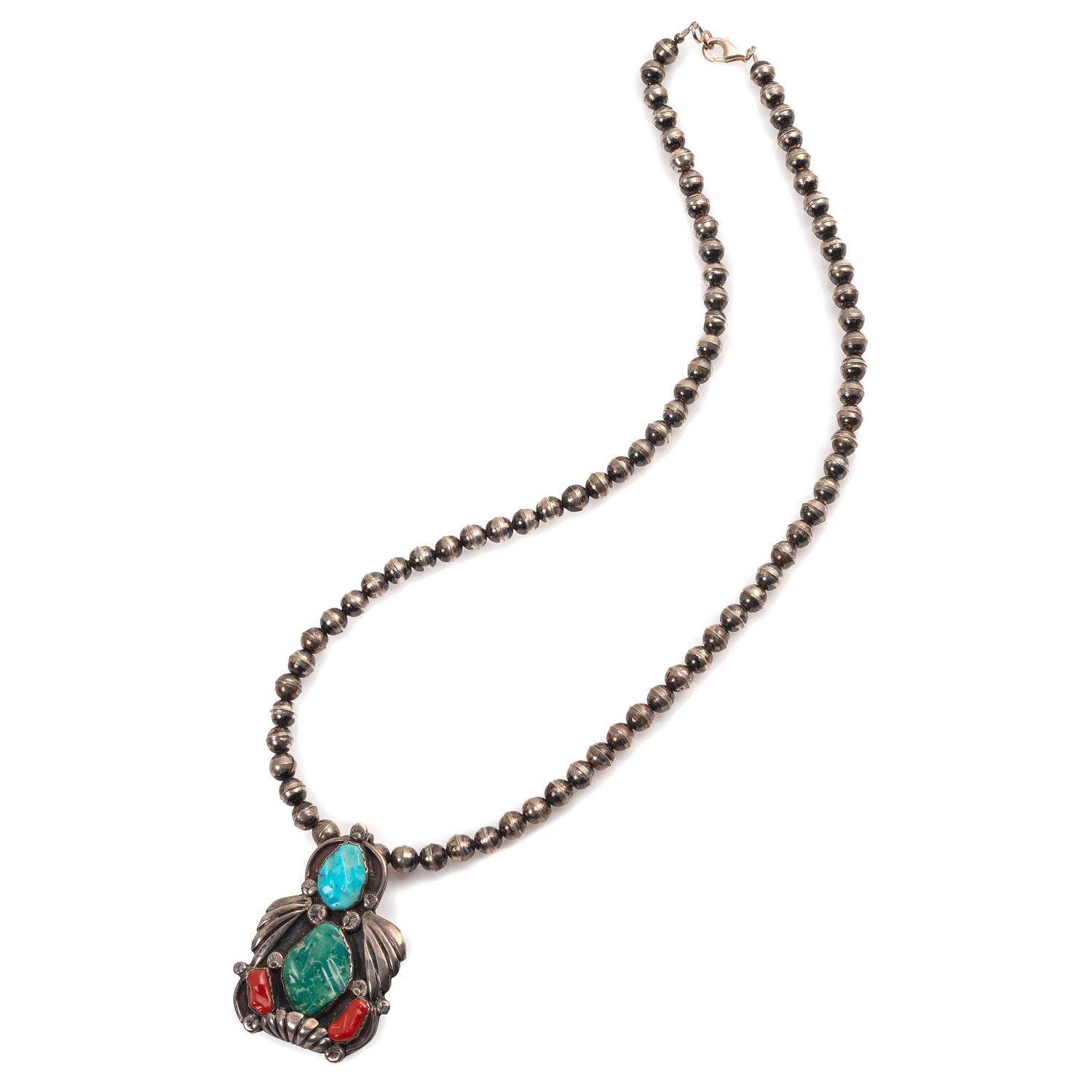 Navajo Silver Necklace, with Carved Turquoise and Coral Accents