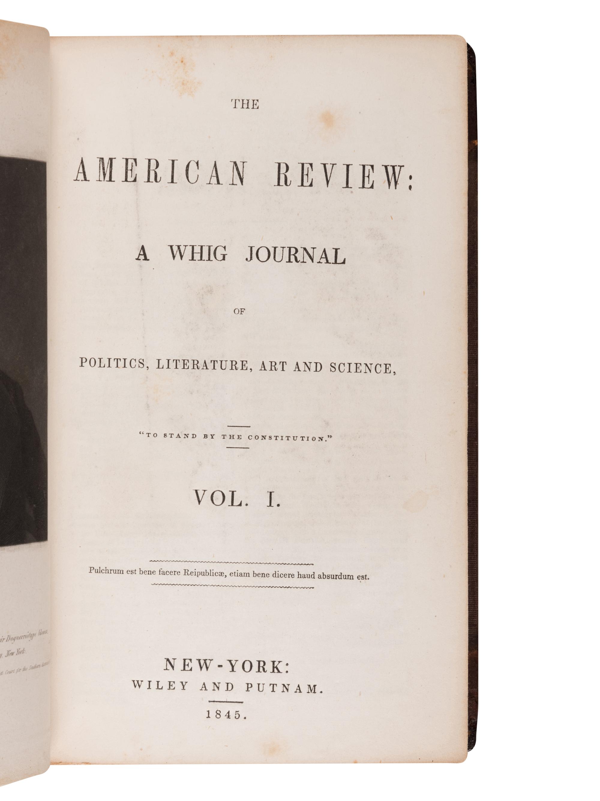 POE, Edgar Allan (1809-1849). "The Raven" in: The American Review: A Whig Journal. Vol. I, Nos. 1-6. New York: Wiley & Putnam, 1845.
