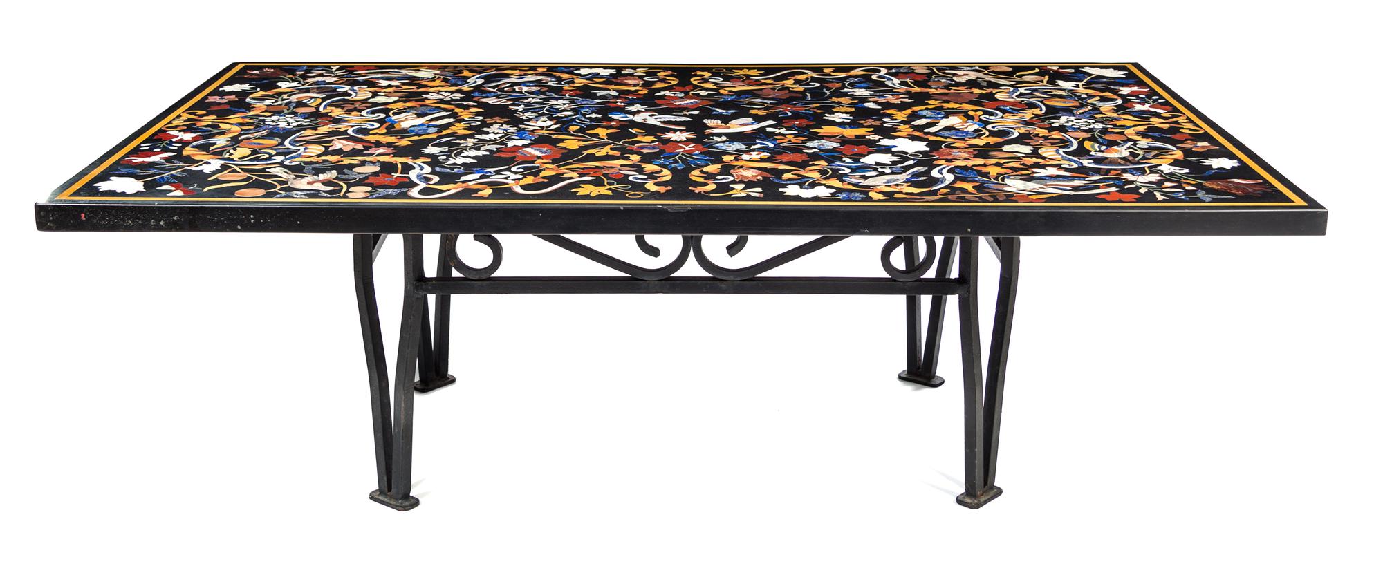 An Italian Pietra Dura Table Top Height 18 1/4 x width 62 x depth 36 inches.