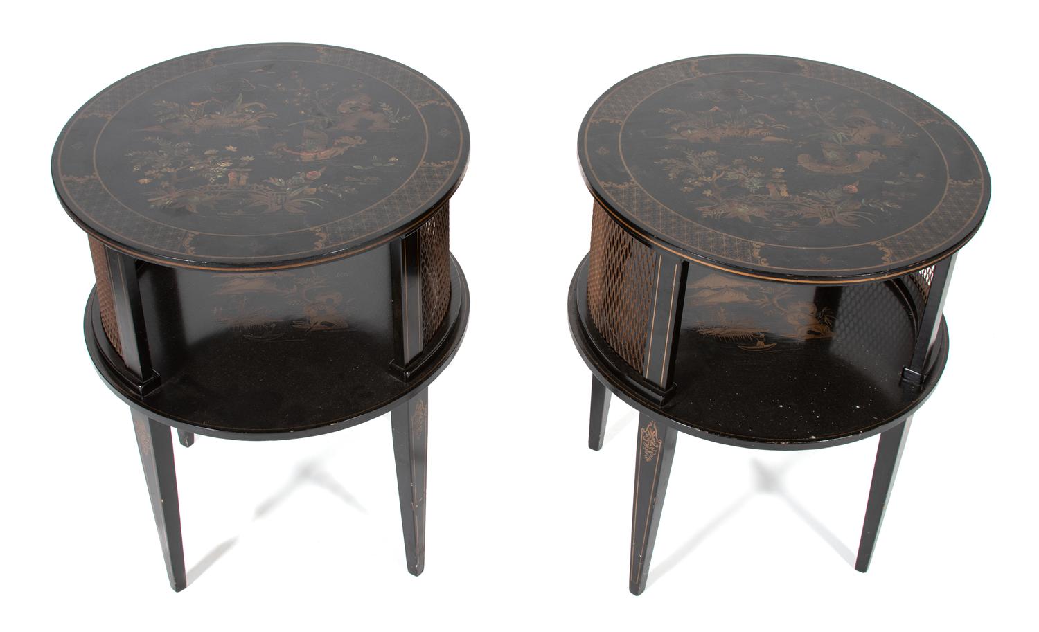 A Pair of Regency Style Ebonized and Gilt Chinoiserie Decorated Lamp Tables Height 29 x diameter 23 1/2 inches. — 20TH CENTURY