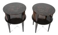 A Pair of Regency Style Ebonized and Gilt Chinoiserie Decorated Lamp Tables Height 29 x diameter 23 1/2 inches. — 20TH CENTURY