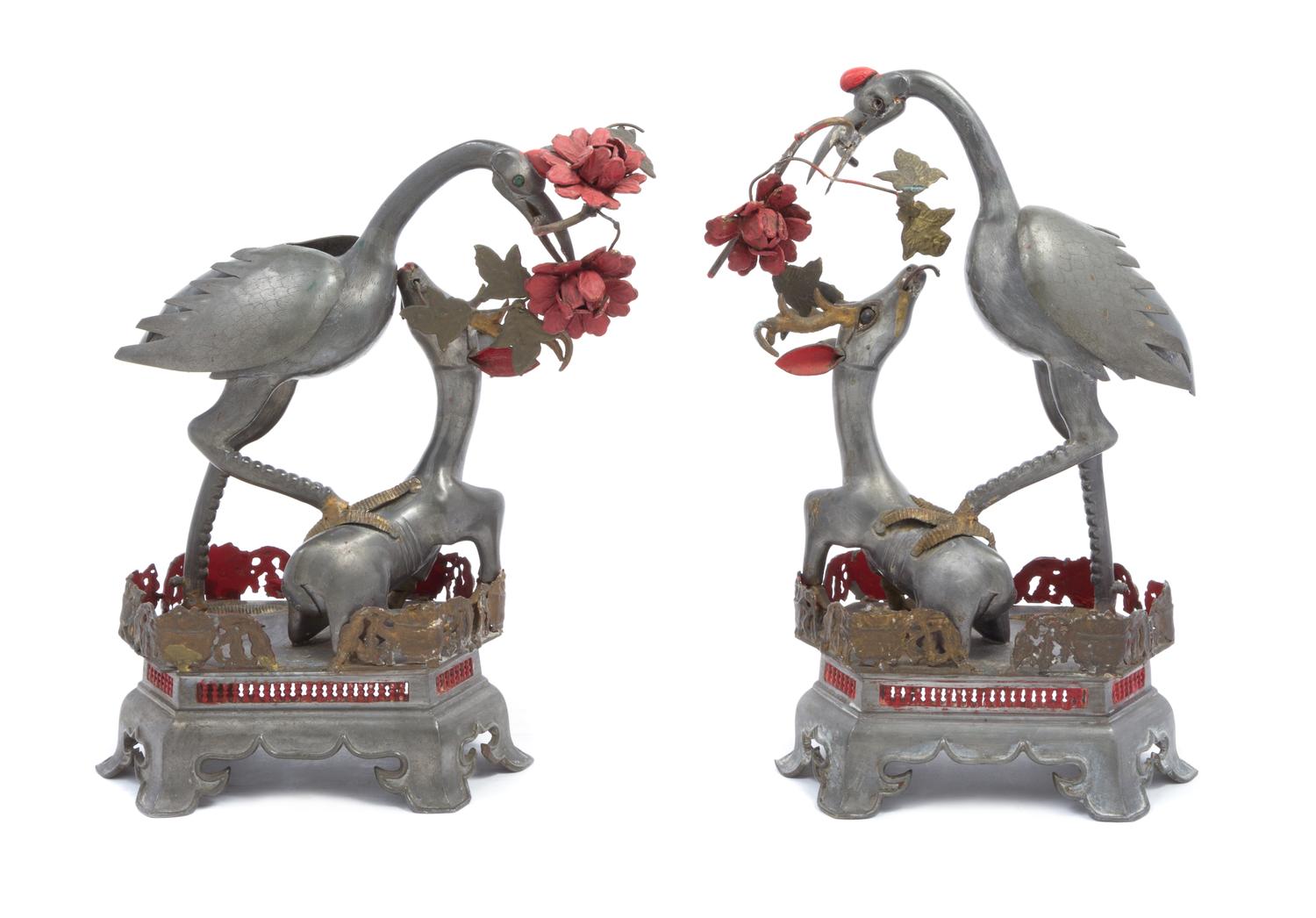 A Pair of Chinese Pewter Sculptures of Crane and Deer 19TH CENTURY Height of taller 14 inches. — 19TH CENTURY