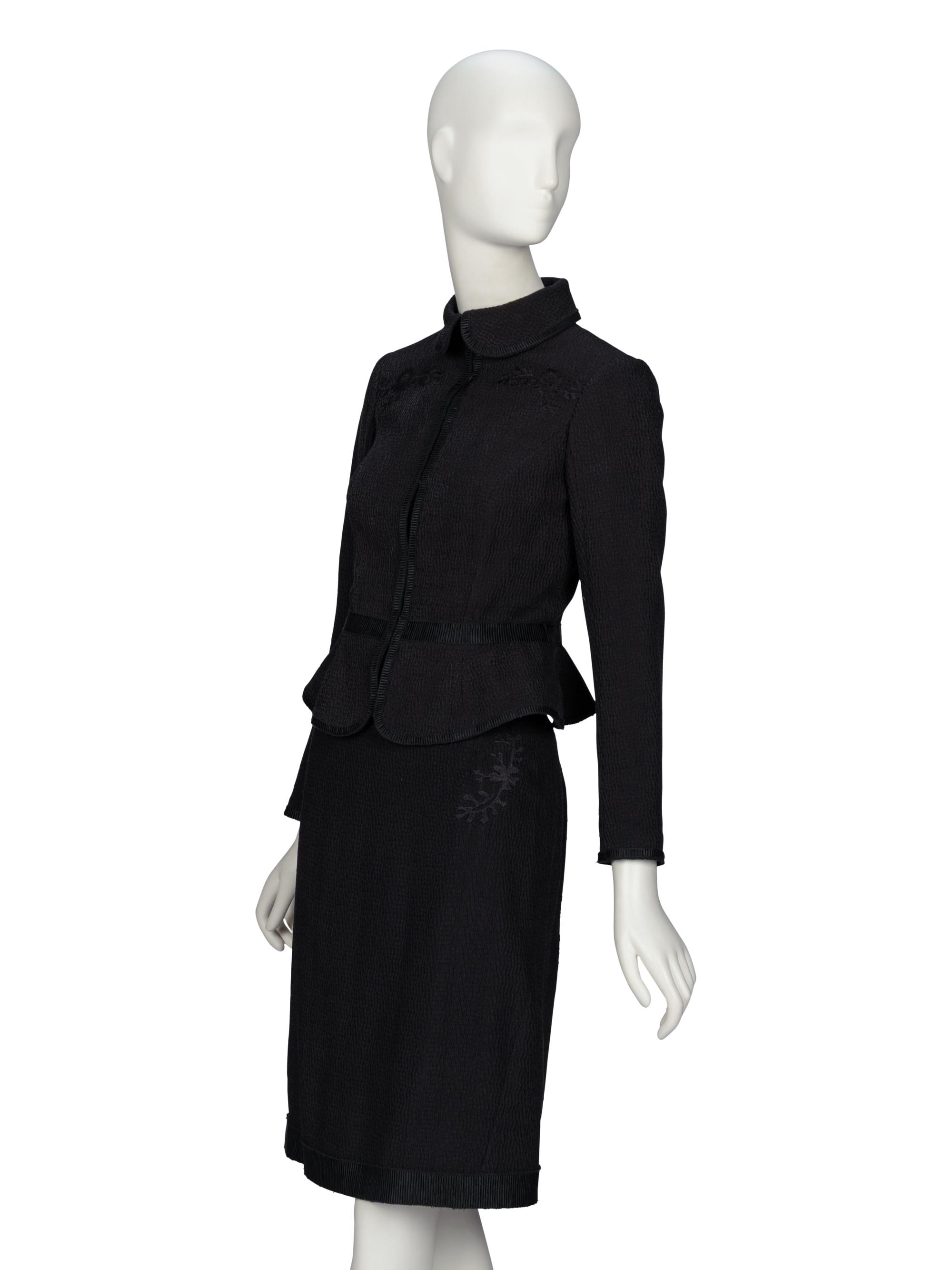 ROCHAS, BLACK CLOQUÉ SKIRT SUIT