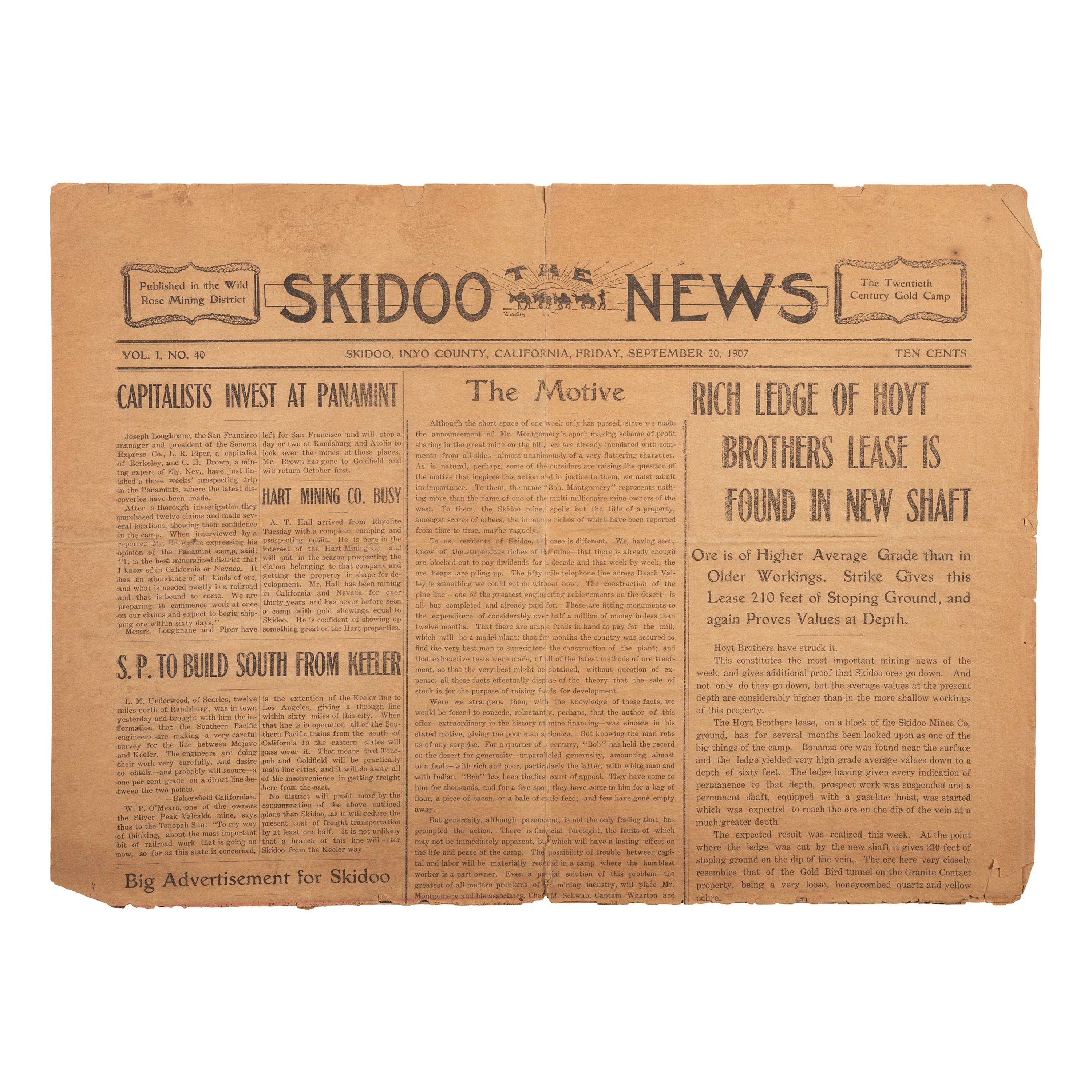 [MINING - CALIFORNIA]. The Skidoo News . Vol. I, No. 40. Skidoo, Inyo County, CA: Skidoo Pub. Co., 20 September 1907.