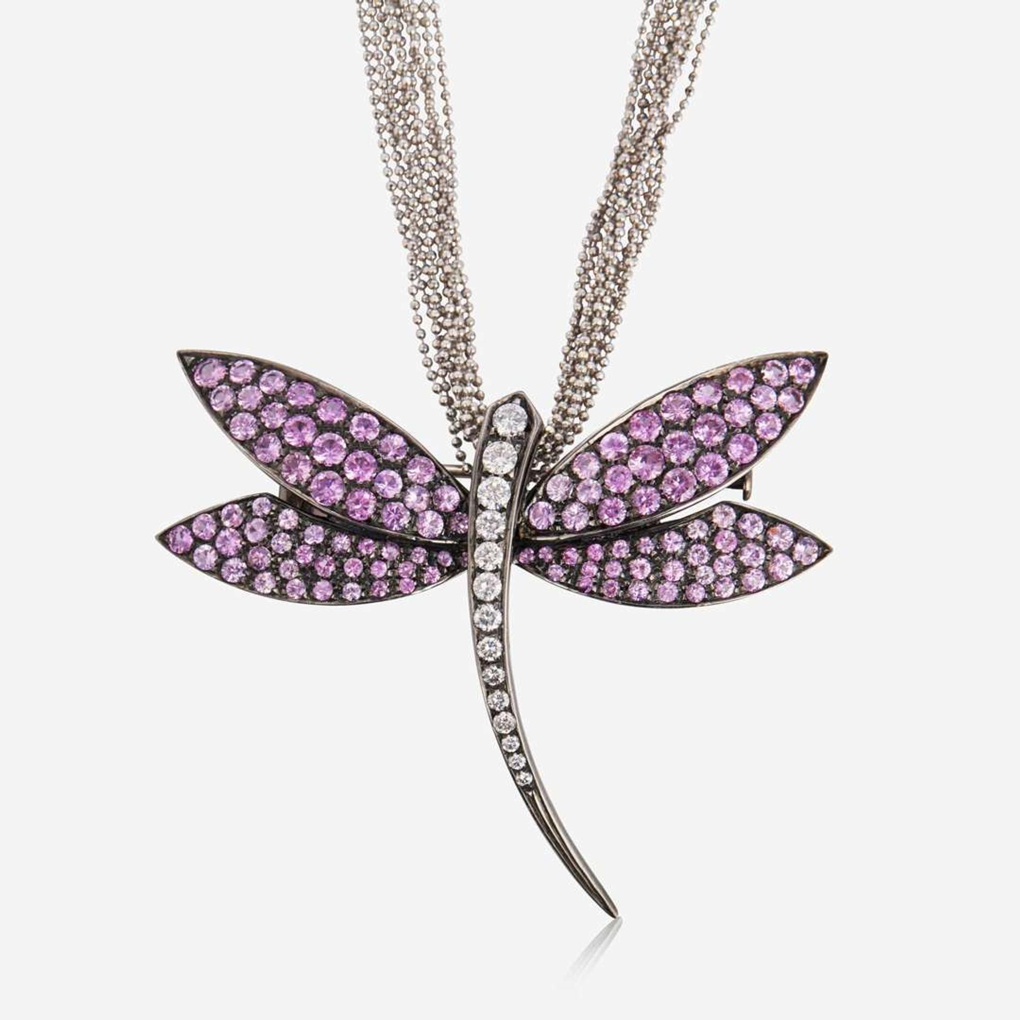 A Gold, Diamond, and Pink Sapphire Dragonfly Necklace